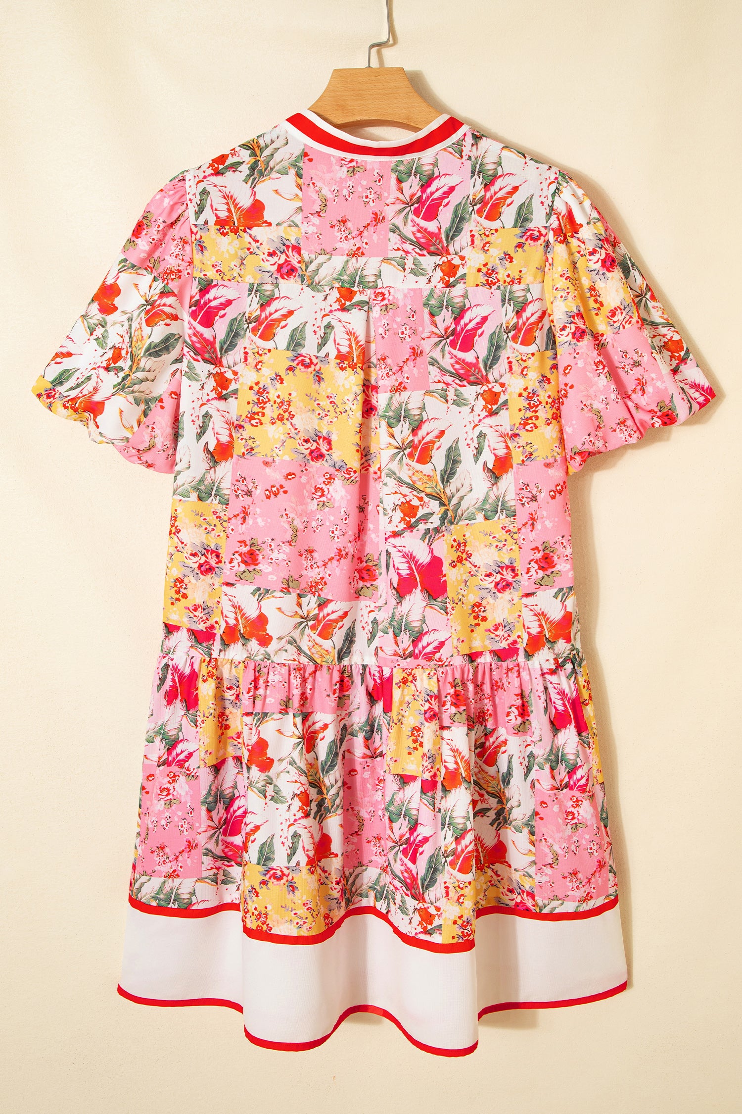 Pink Colour Block Floral Contrast Trim V Neck Ruffle Hem Mini Dress S-XL