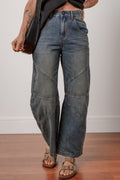 Shop Sail Blue Exposed Stitching Loose Straight High Waist Barrel Jeans at LivelyLooks