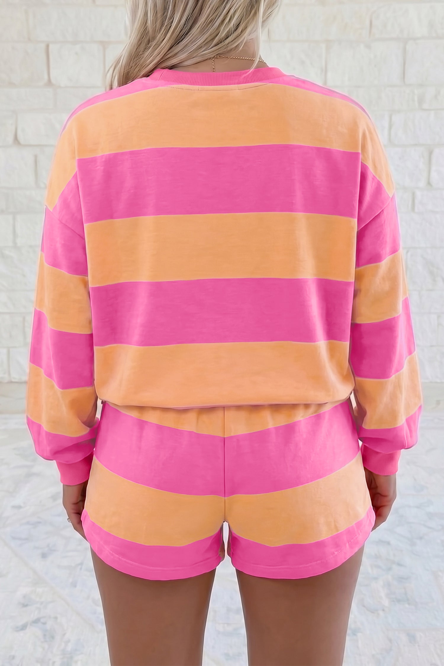 Pink Stripe Long Sleeve Top & Drawstring Shorts Set | Sizes 8-22