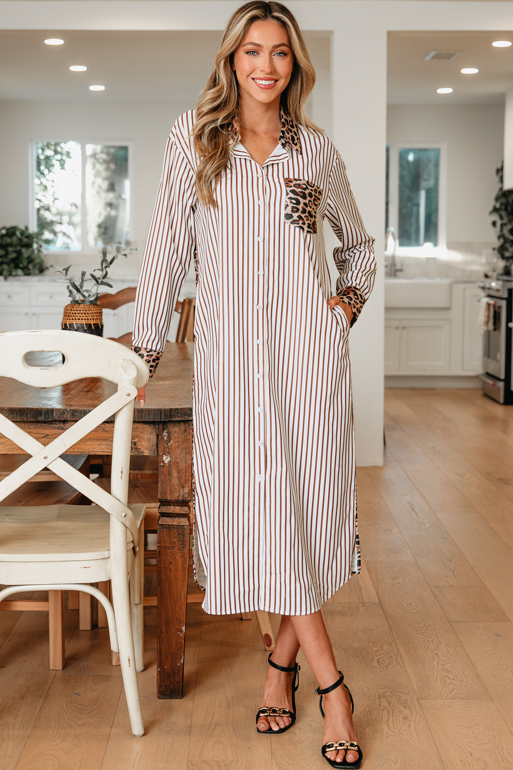 Women's Brown Stripe Contrast Leopard Patchwork Long Shirt Dress with Slits at LivelyLooks
