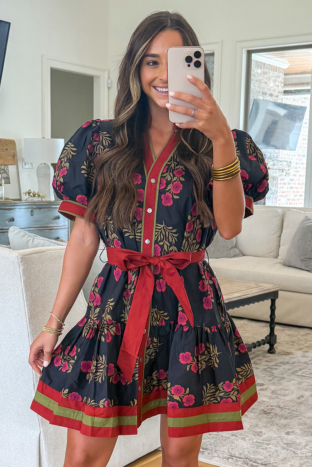 Black Retro Floral Belted Puff Sleeve Button Down Mini Dress