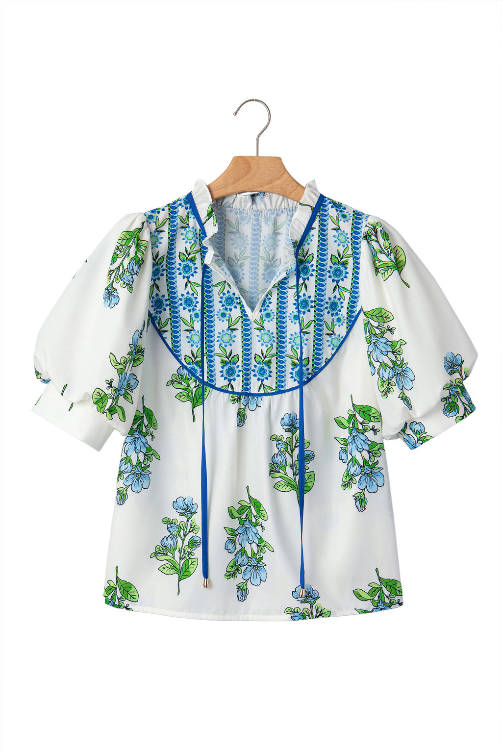 White Floral Contrast Trim Tie Neck Puff Sleeve Blouse