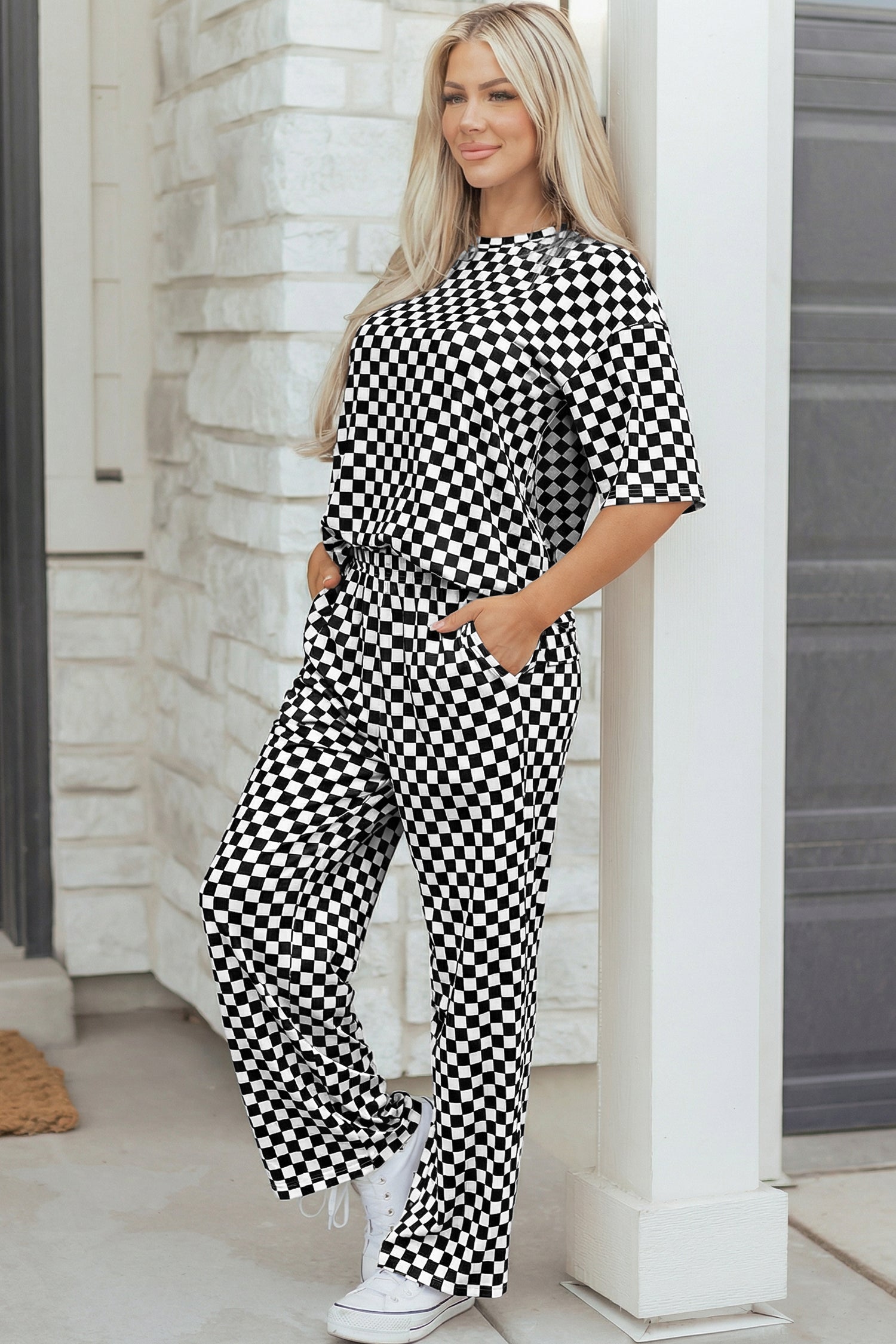 Black Checkered Lounge Set Half Sleeve Tee & Pant 2pcs Women S-XL