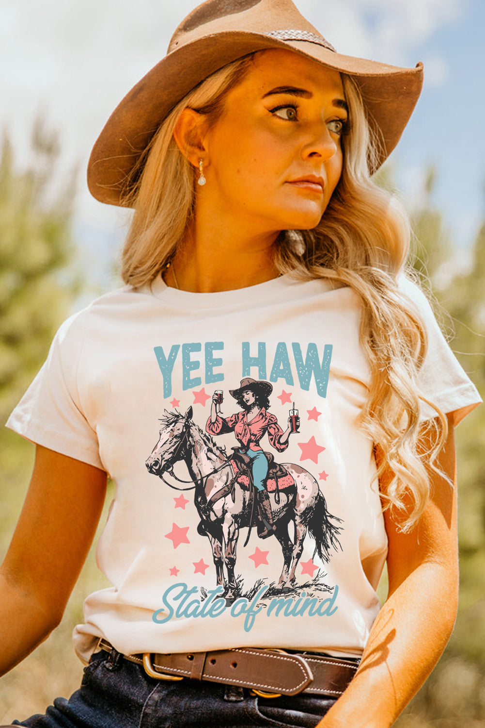 Shop White Yee Haw Cowgirl Graphic Western Fashion Tee S-3XL at LivelyLooks
