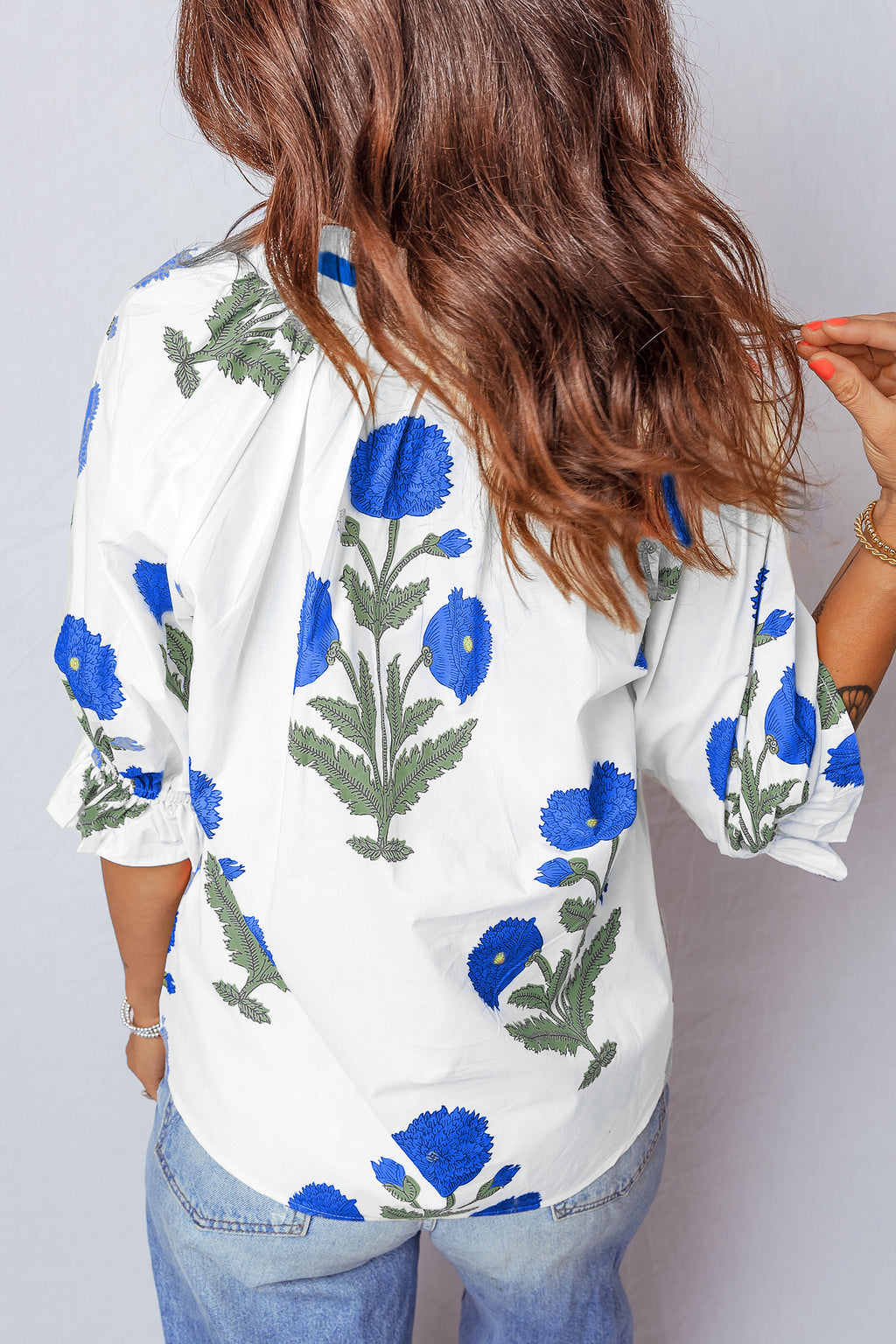 Shop Green Casual Wild Flower Print V Neck 3/4 Sleeve Blouse at LivelyLooks