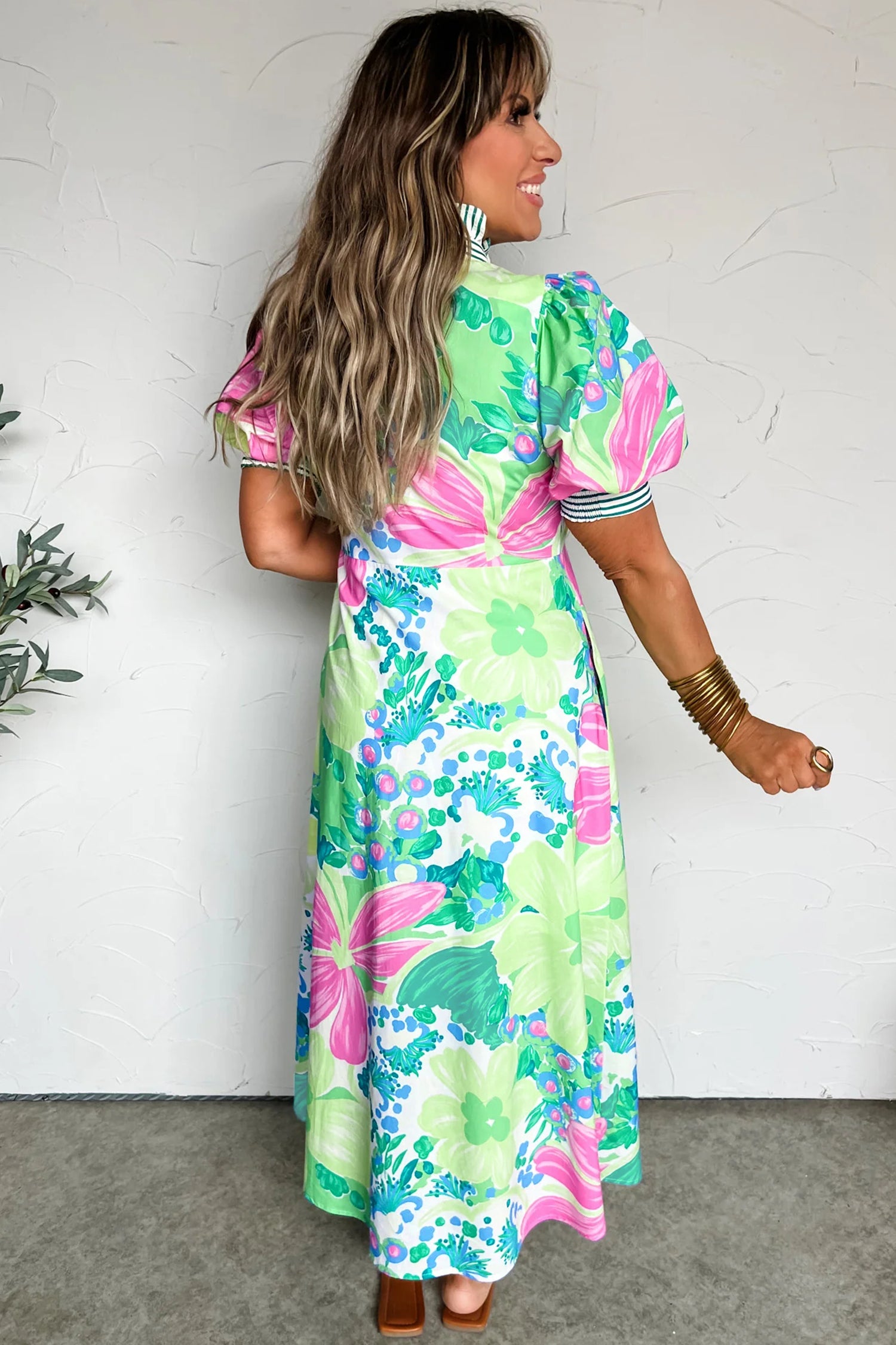 Floral Print Vacation Dress Striped Trim Button Down Short Sleeve Green Pink S-XL