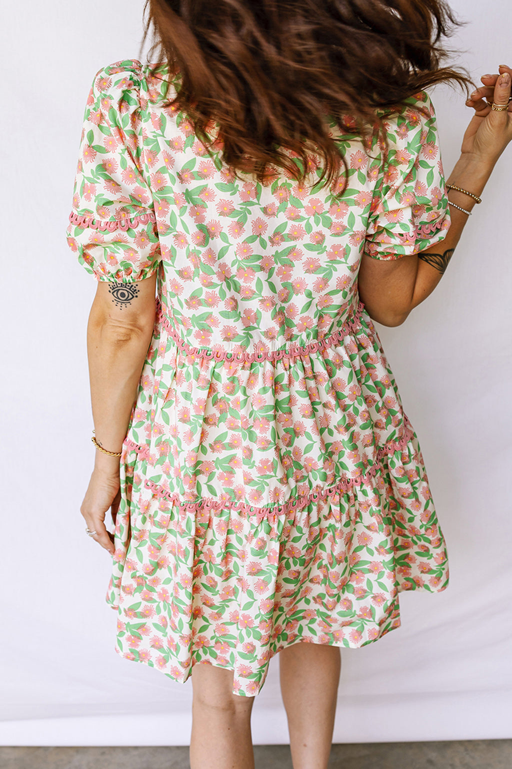Women's Green Floral Ricrac Trim Babydoll Mini Dress Puff Sleeve V-Neck S-XL at LivelyLooks