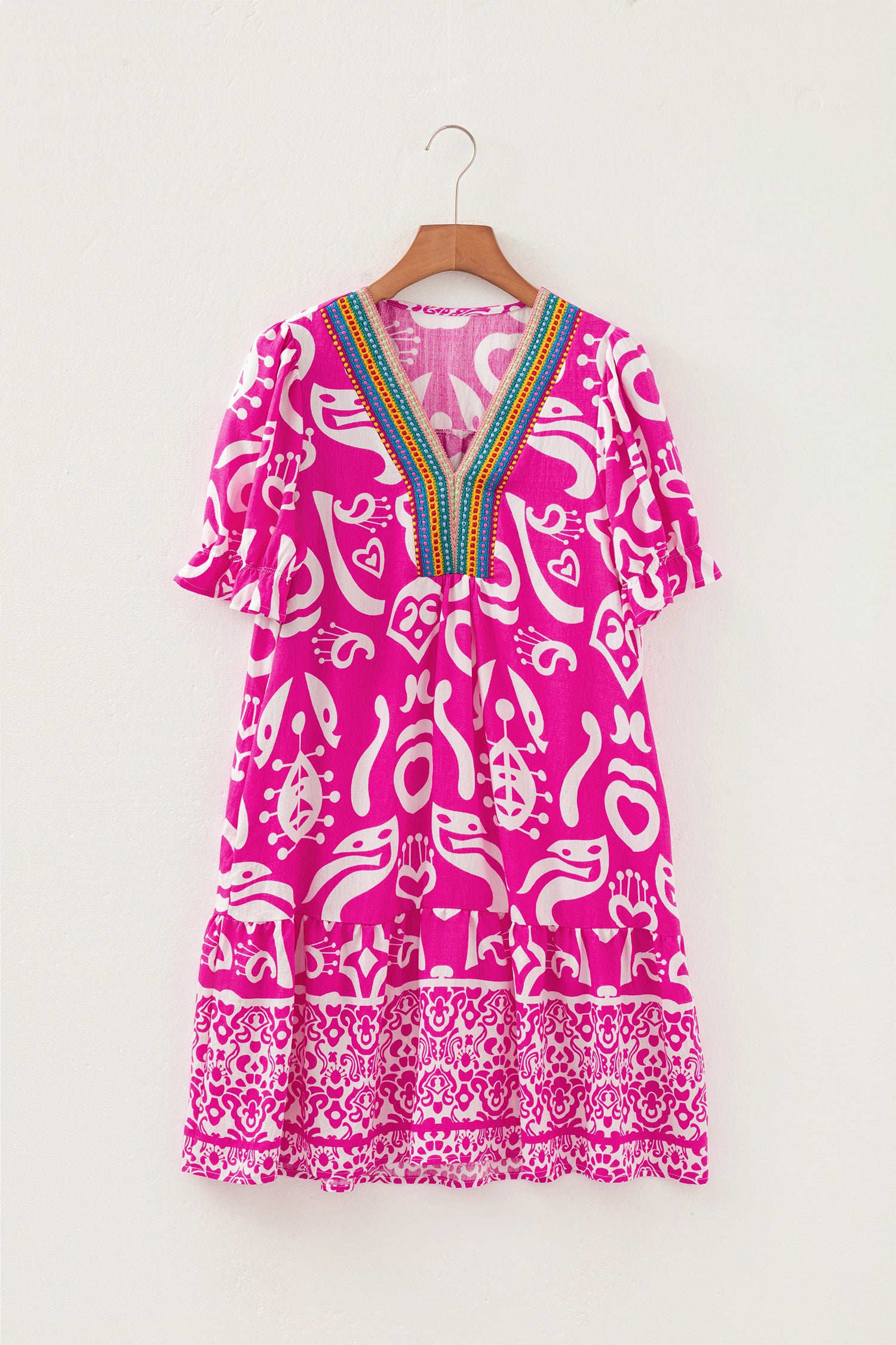 Rose Boho Mixed Print Flared Dress Contrast Trim V Neck Short Sleeve Women S-XL