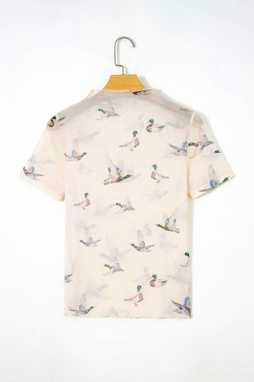 Beige Mallard Print Sheer Mesh Top Short Sleeve Women S-XL