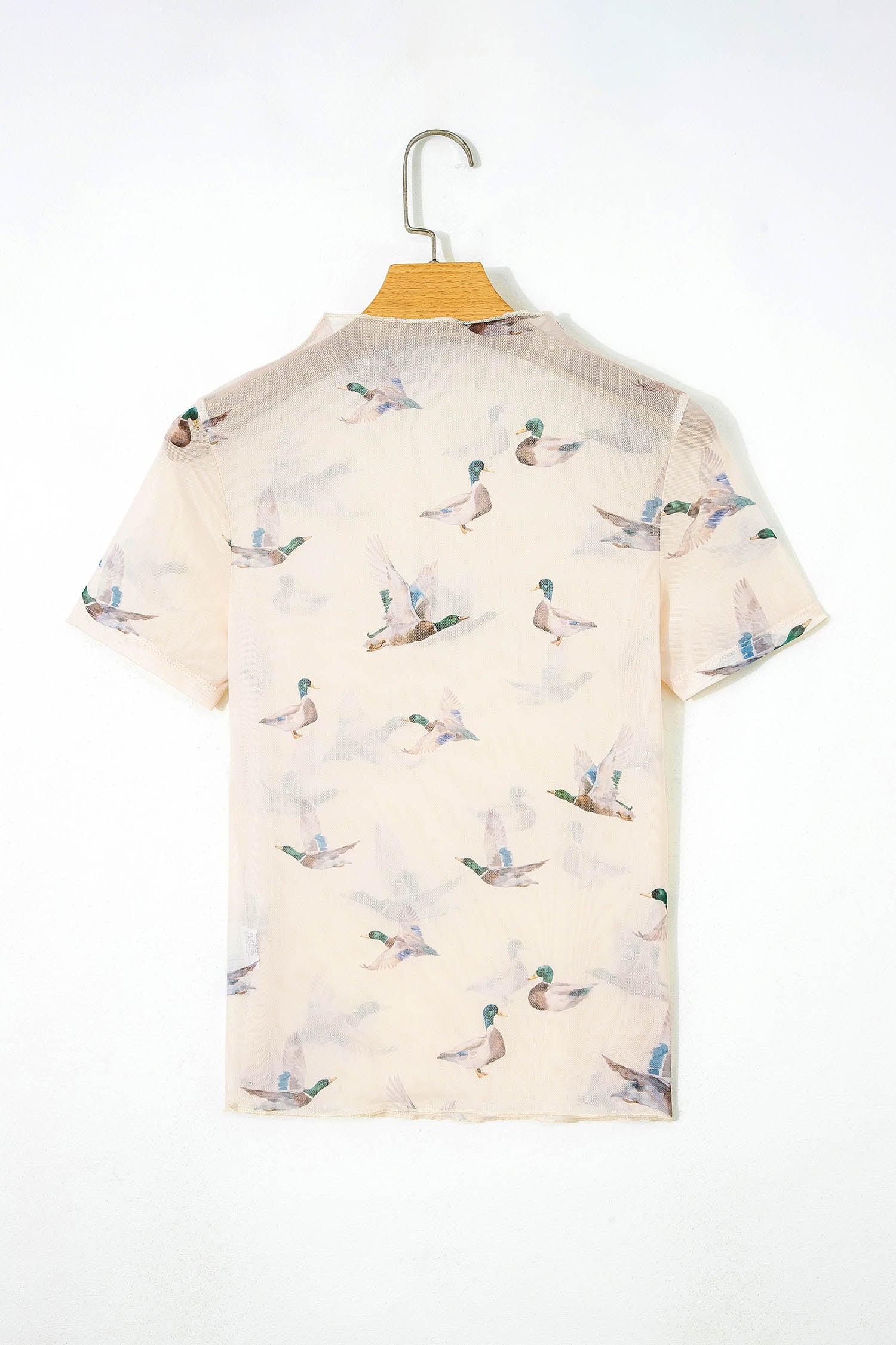 Beige Mallard Print Sheer Mesh Top Short Sleeve Women S-XL