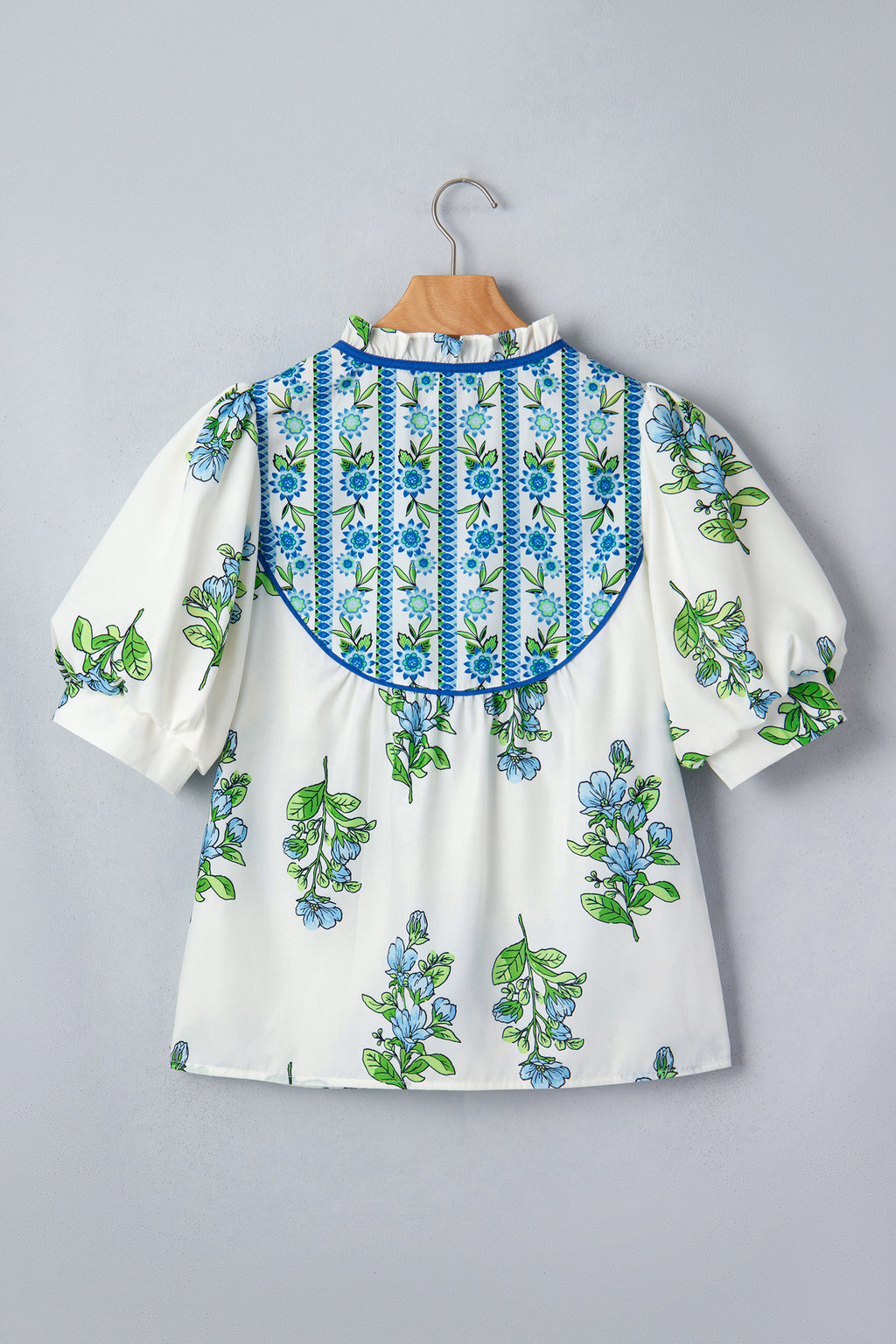 White Floral Contrast Trim Tie Neck Puff Sleeve Blouse
