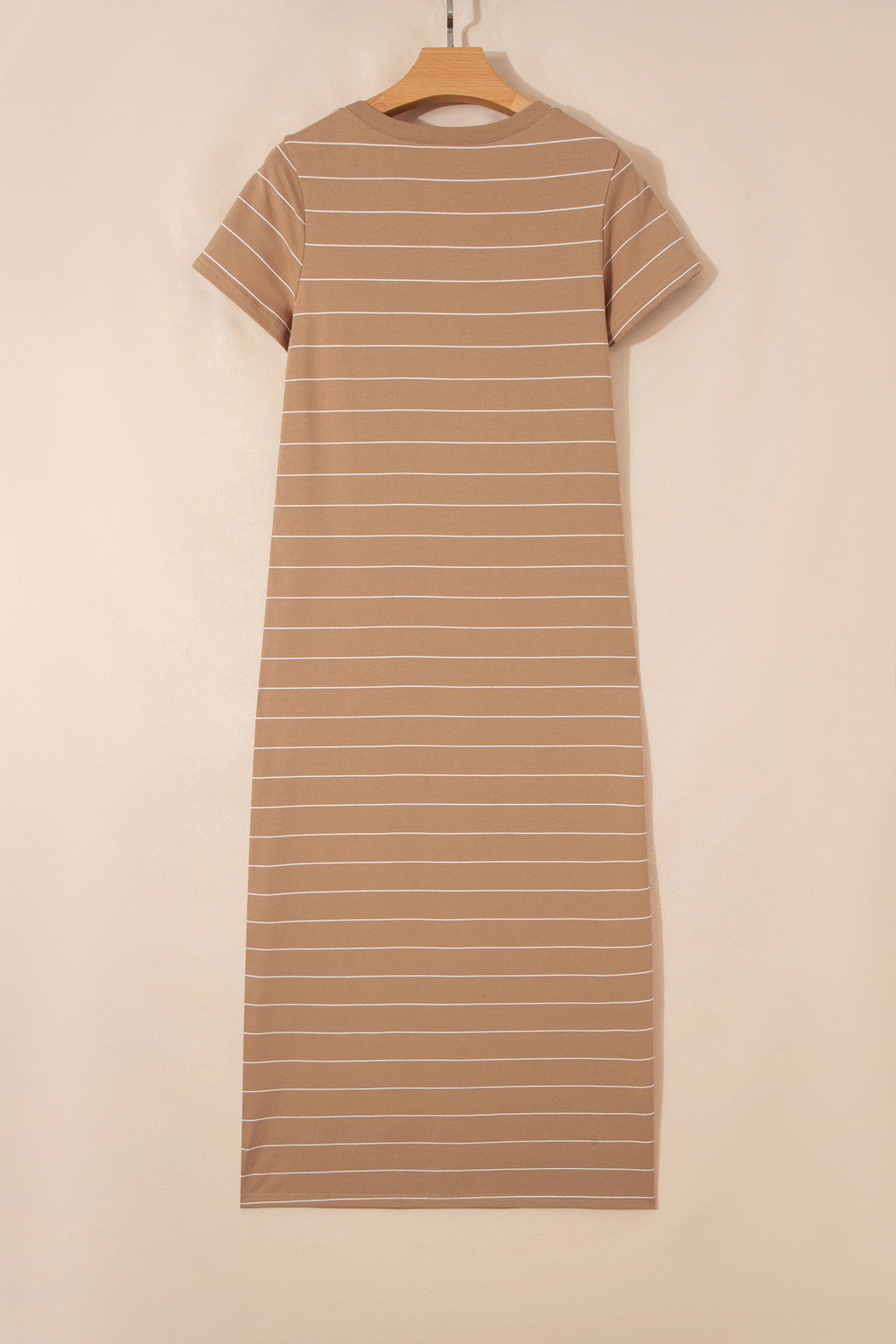 Khaki Stripe Casual Short Sleeve Side Slit Maxi T-Shirt Dress S-XL