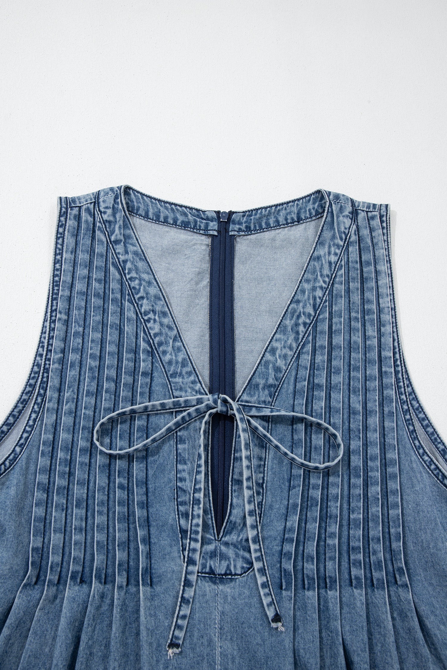 Women's Dusk Blue Acid Wash Pintuck Tie V-Neck Denim Wide-Leg Jumpsuit | S-XL at LivelyLooks