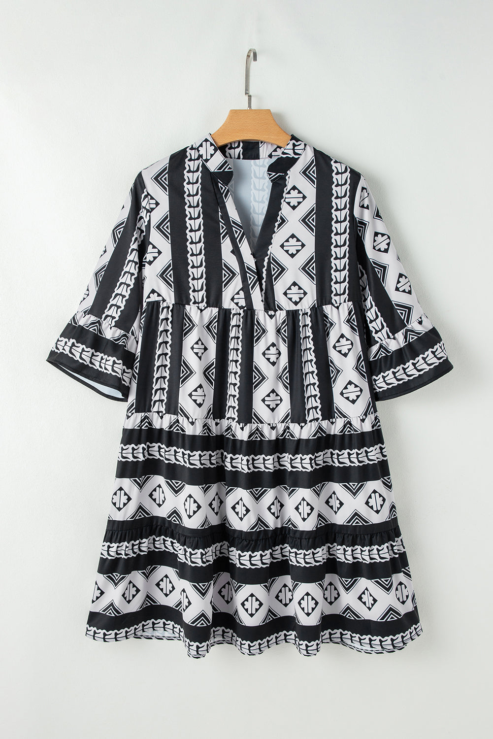 Black Geometric Print V-Neck Ruffle Sleeve Mini Dress | High Waist