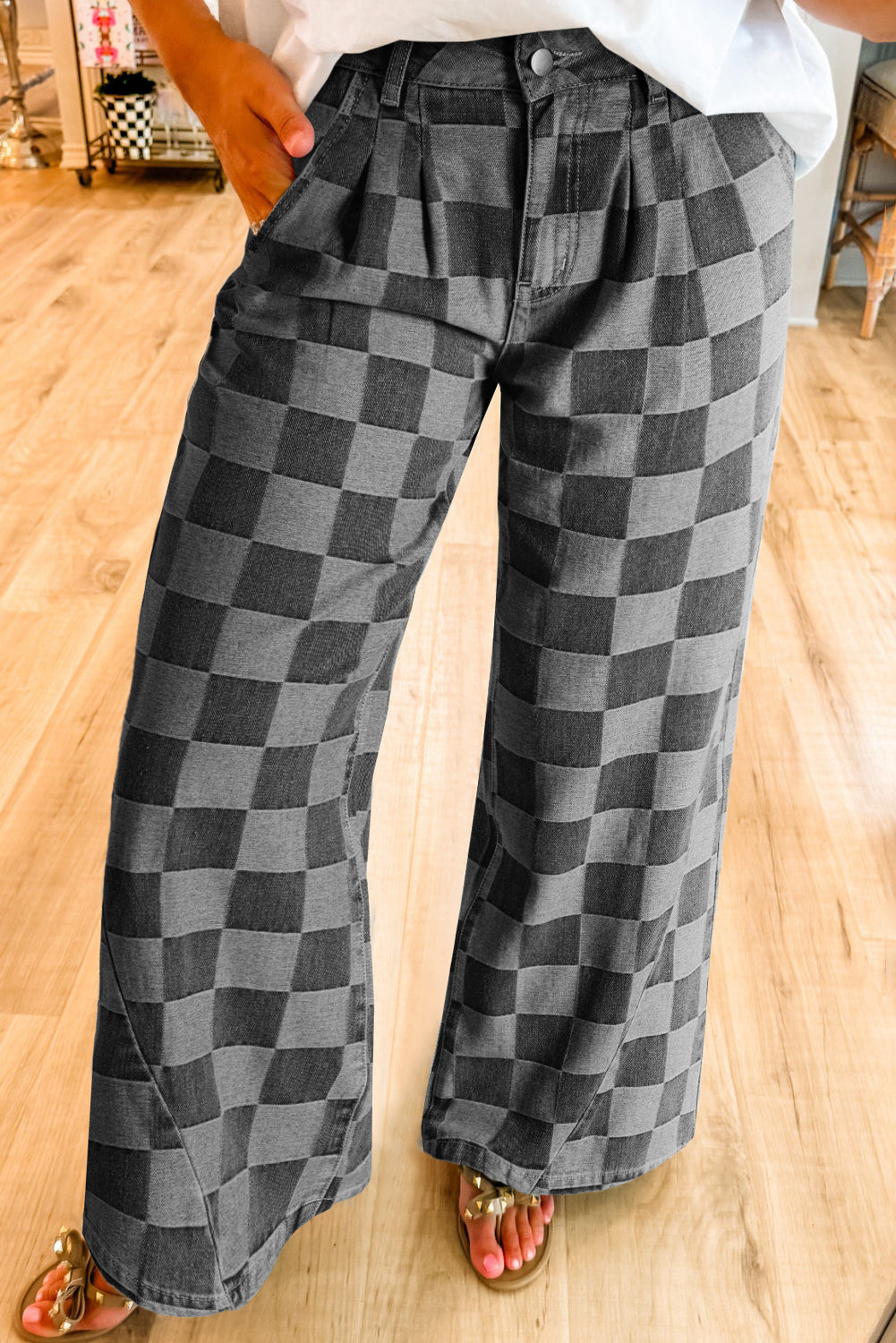 Shop Checkered Denim Wide Leg Jeans UK 8-20 at LivelyLooks
