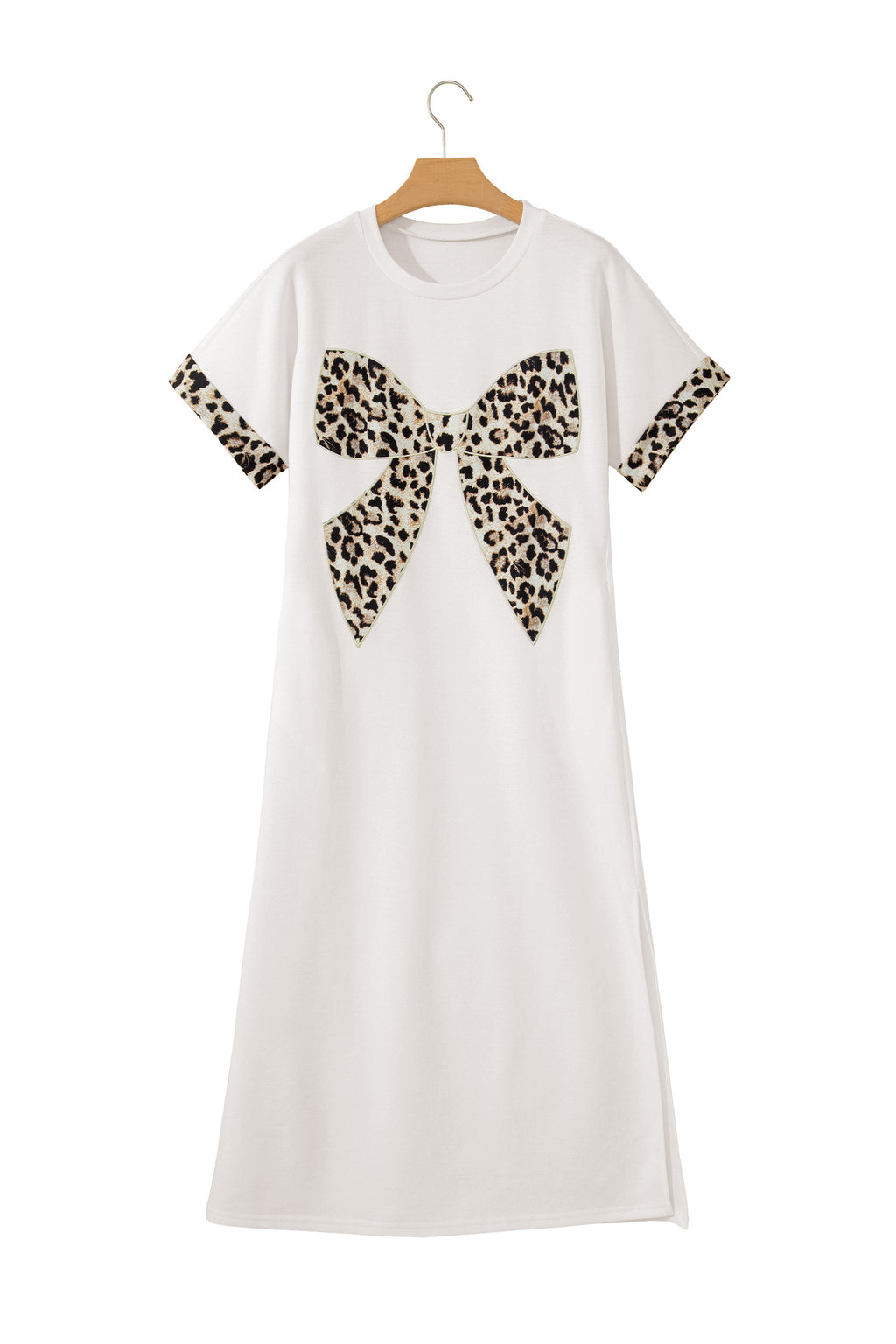 Shop White Grey Leopard Bow T-Shirt Maxi Dress Thigh Slit Cuffed UK 8-22 at LivelyLooks