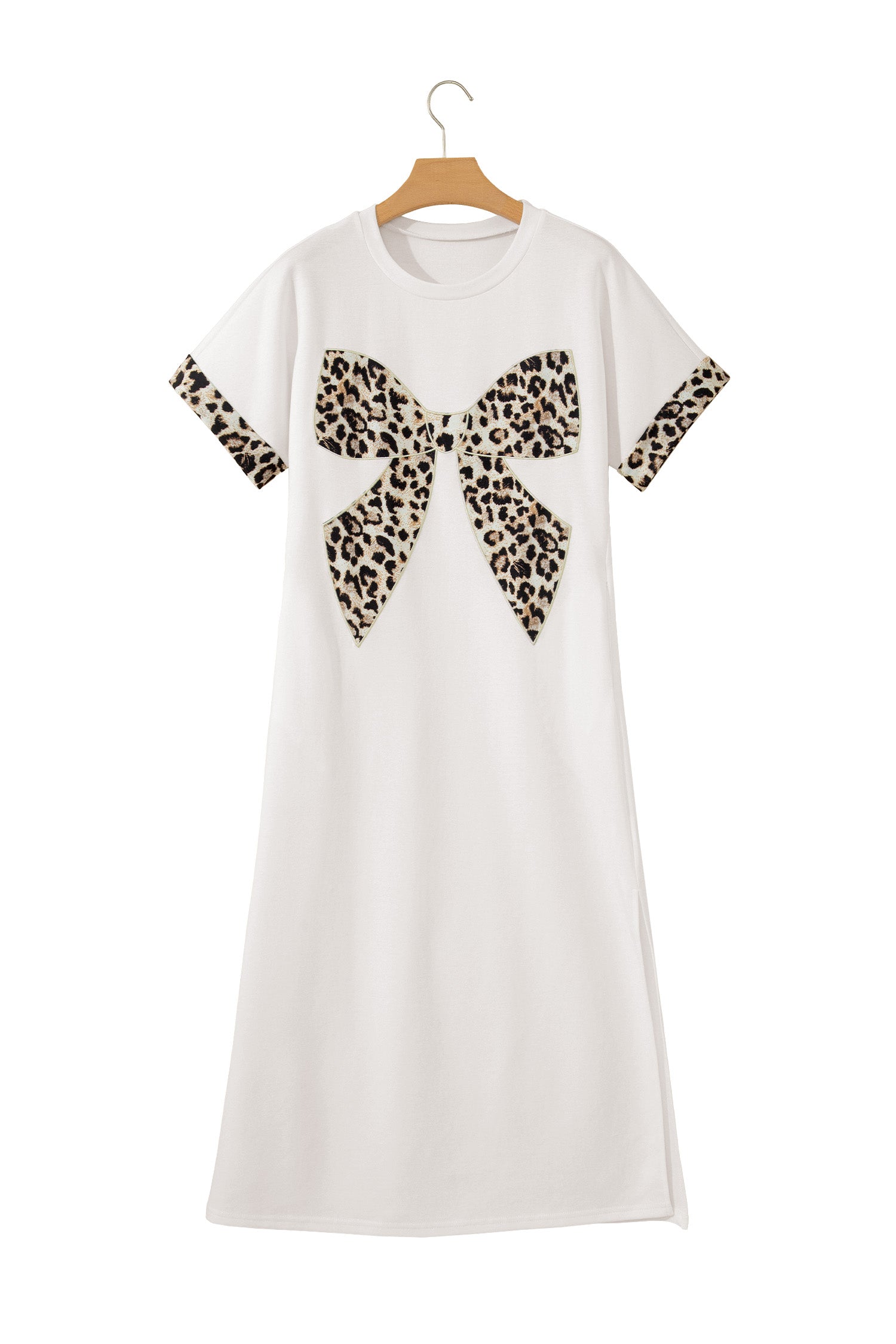 Shop White Grey Leopard Bow T-Shirt Maxi Dress Thigh Slit Cuffed UK 8-22 at LivelyLooks