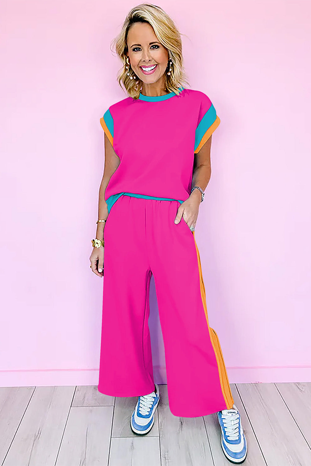 Colour Block Cap Sleeve Tee & Crop Wide Leg Trousers Set | 8 Colours