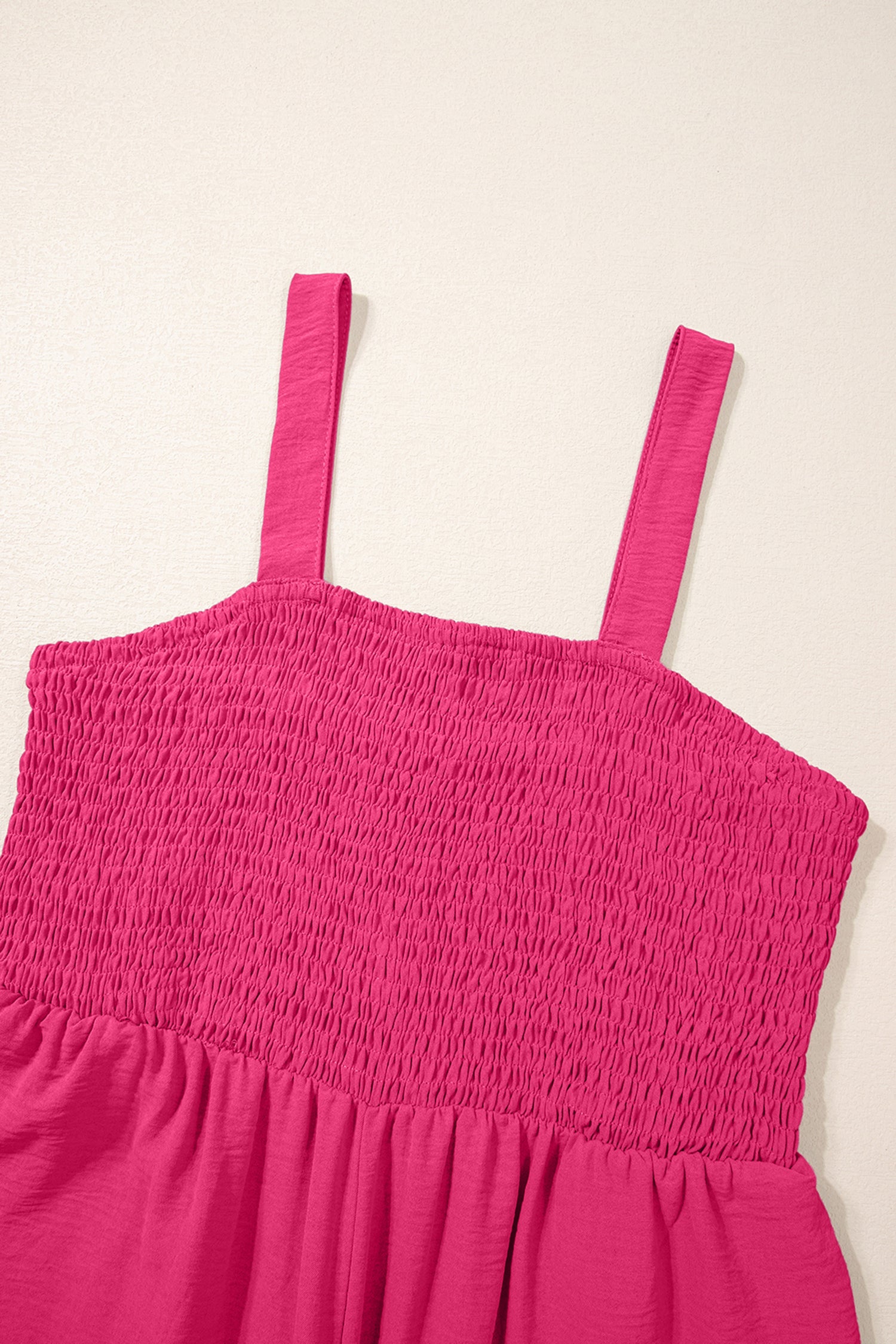 Women's Rose Red Smocked Square Neck Sleeveless Jumpsuit with Pockets at LivelyLooks
