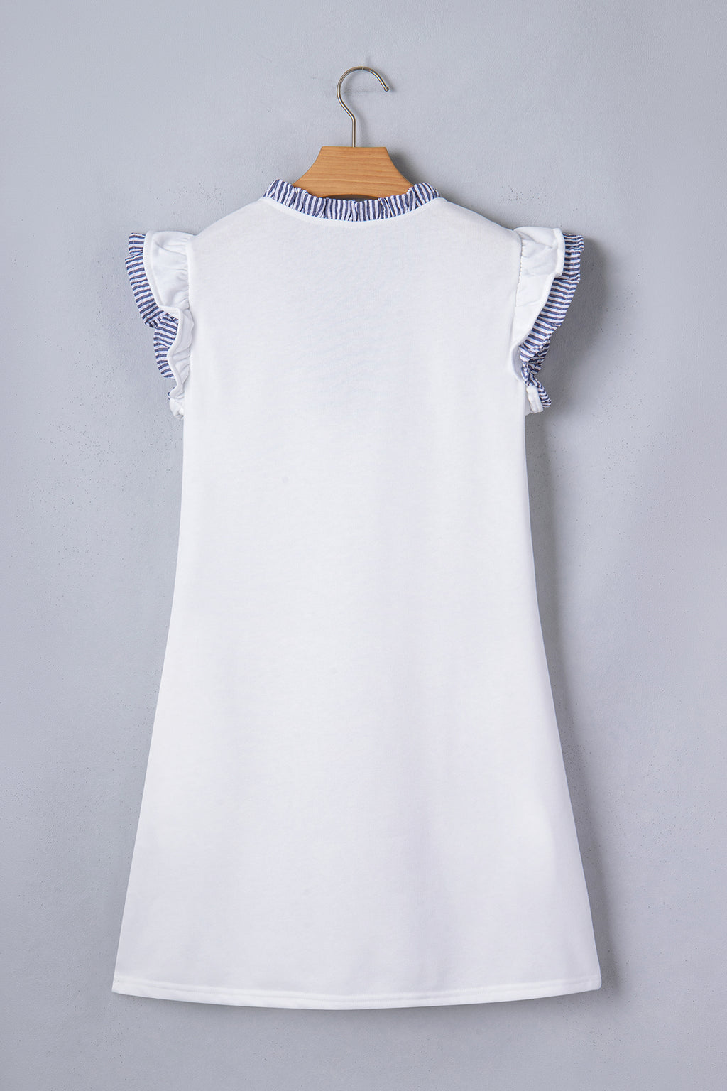 Women's White Stripe Patchwork Split Neck Ruffle Trim Sleeveless Mini Dress at LivelyLooks