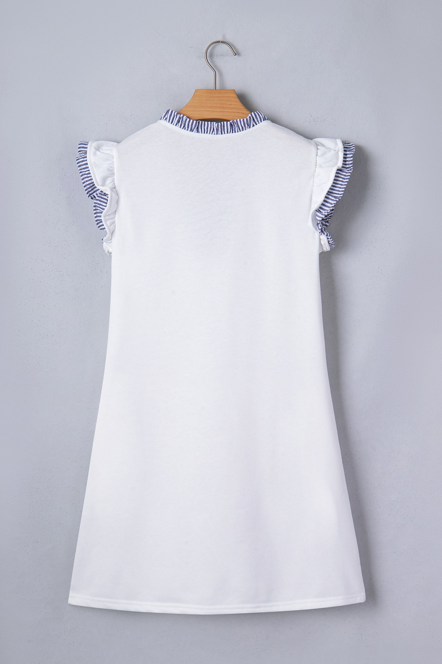 Women's White Stripe Patchwork Split Neck Ruffle Trim Sleeveless Mini Dress at LivelyLooks