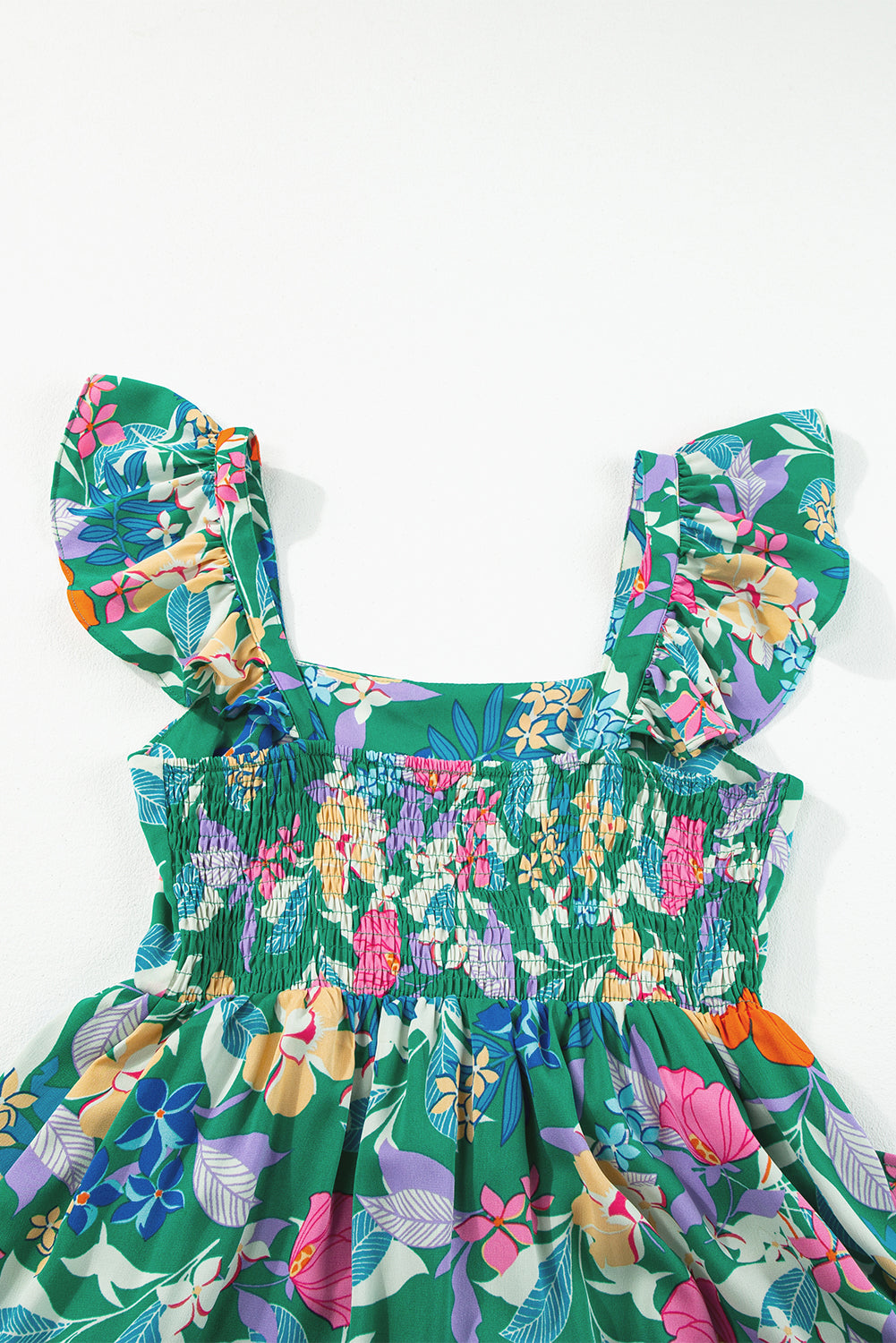 Women's Green Floral Print Sleeveless Ruffle Tiered Maxi Dress at LivelyLooks