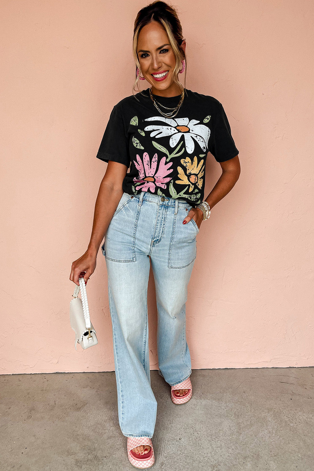 Shop Black Retro Floral Print Crew Neck Casual T-Shirt S-2XL at LivelyLooks