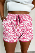 Women's Pink Leopard Elastic Waistband Lace up Contrast Trim Casual Shorts at LivelyLooks