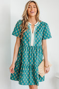 Green Floral Dress Contrast Trim V Neck Short Sleeve Women S-XL