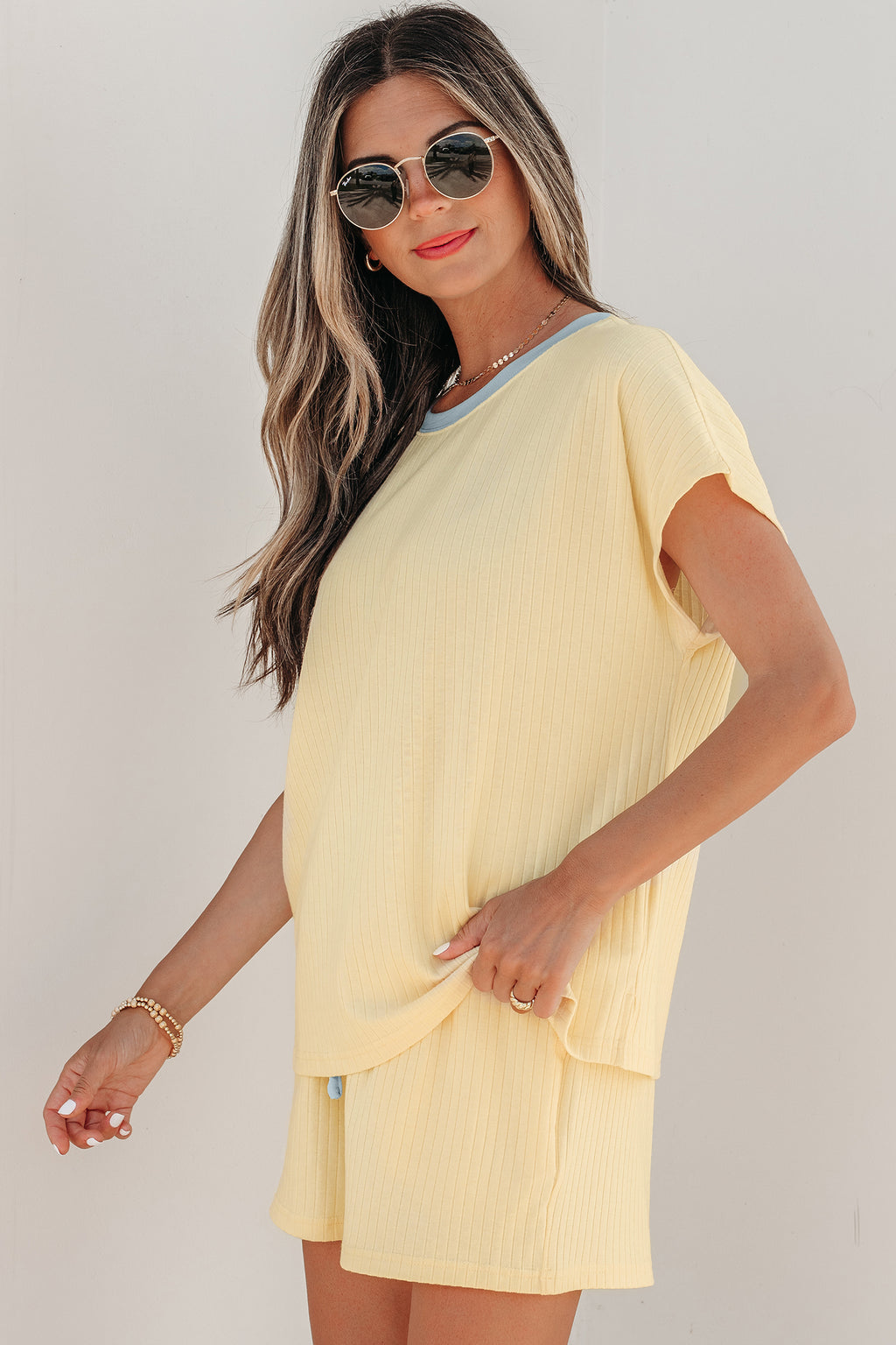 Mist Blue Ribbed Colour Block Tee & Shorts Co-ord Set