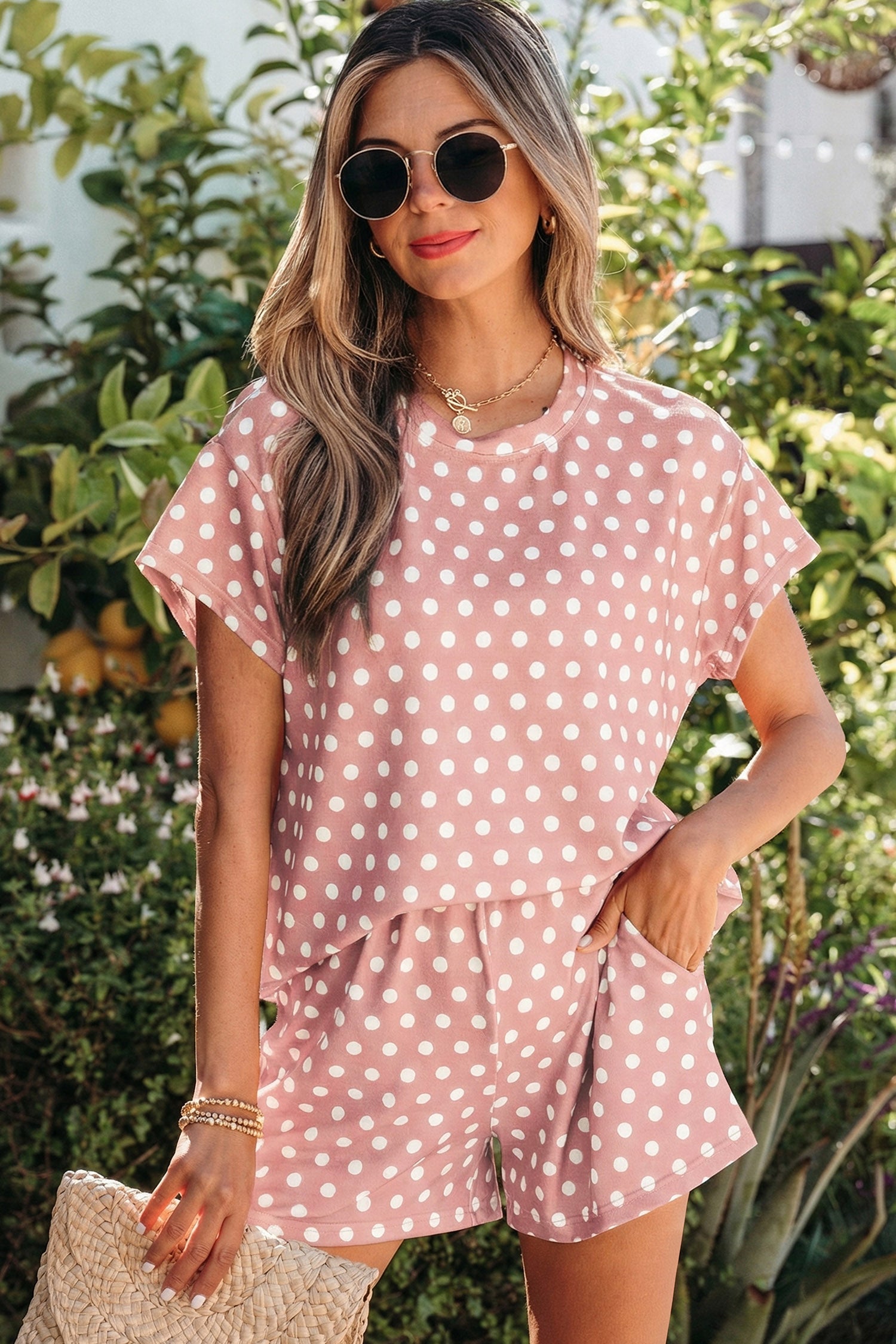 Women's Polka Dot Print Short Sleeve Top & Shorts Co-ord Set S-2XL at LivelyLooks