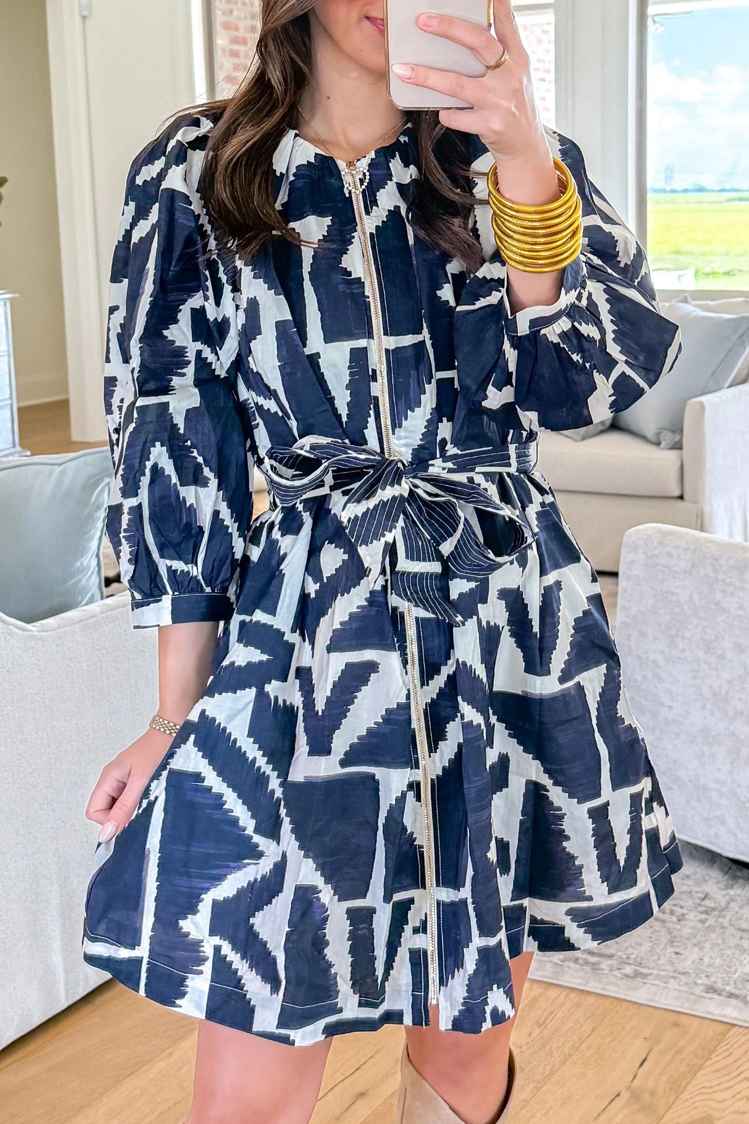 Blue Abstract Geometric Print Zip Front Tie Waist Shift Dress | UK 8–18