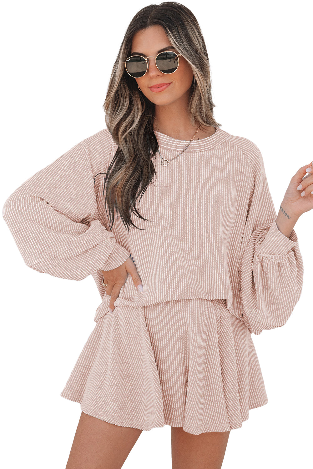LivelyLooks Corded Lantern Sleeve Top High Waist Ruffled Mini Skort Set women's fashion