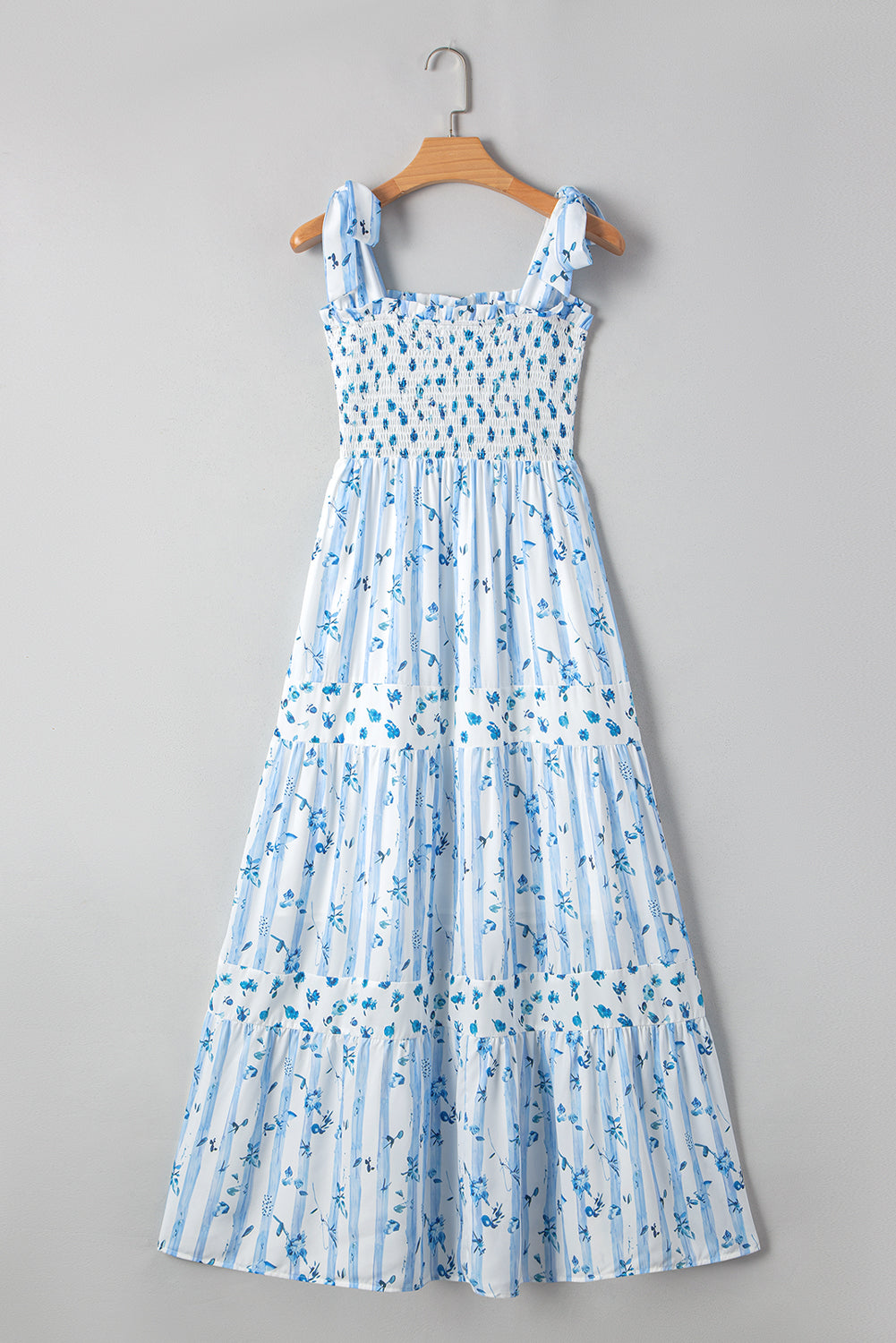 Women's Blue Floral Smocked Tied Straps A-Line Tiered Maxi Dress S-XL at LivelyLooks