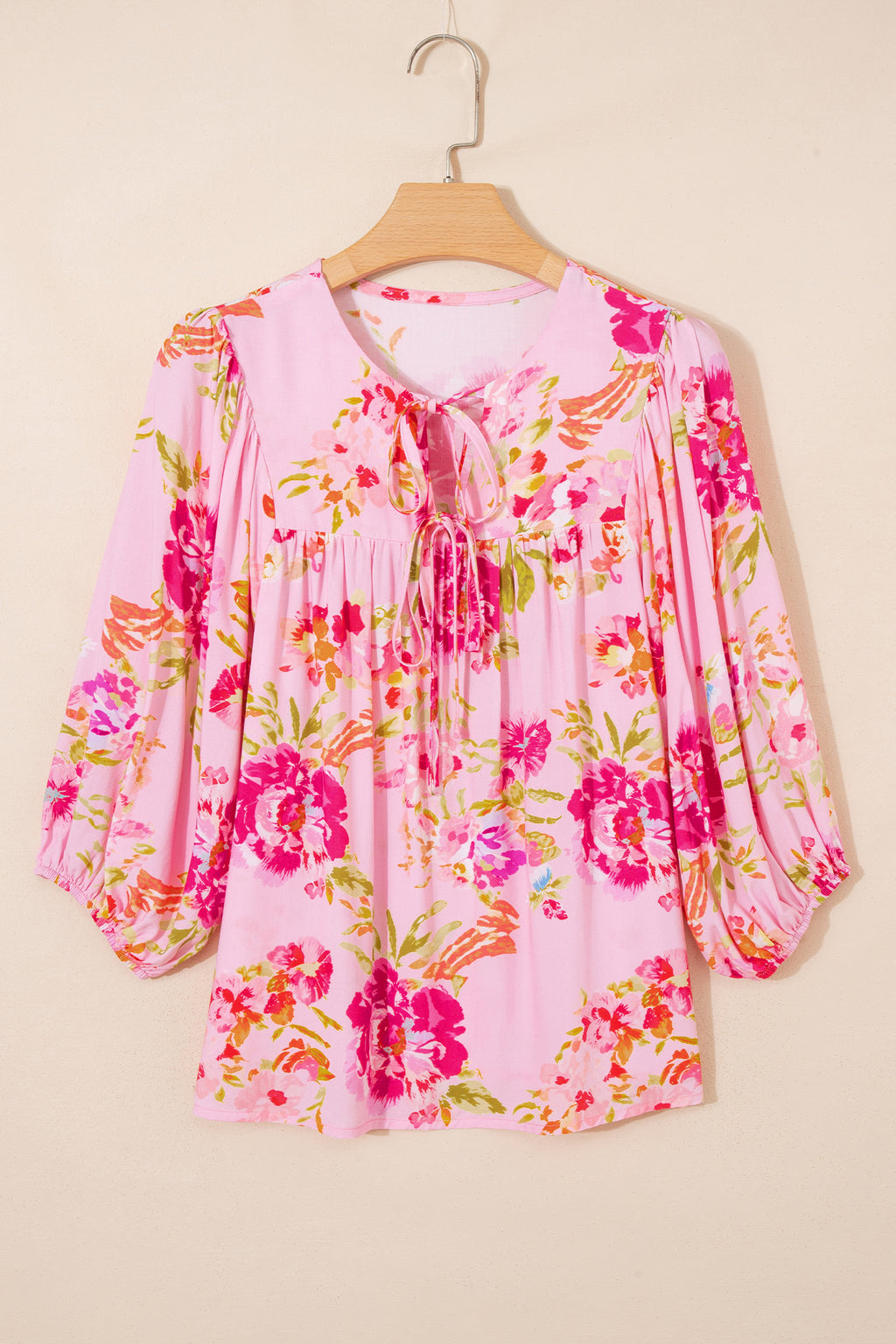 LivelyLooks Pink Floral Print Tie Neck Puffy Half Sleeve Blouse women's fashion