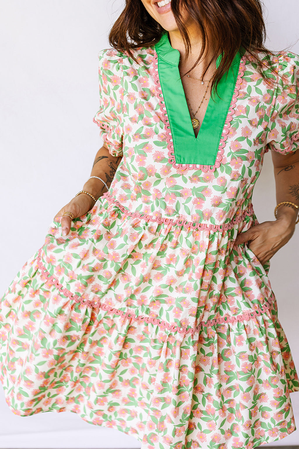 Women's Green Floral Ricrac Trim Babydoll Mini Dress Puff Sleeve V-Neck S-XL at LivelyLooks