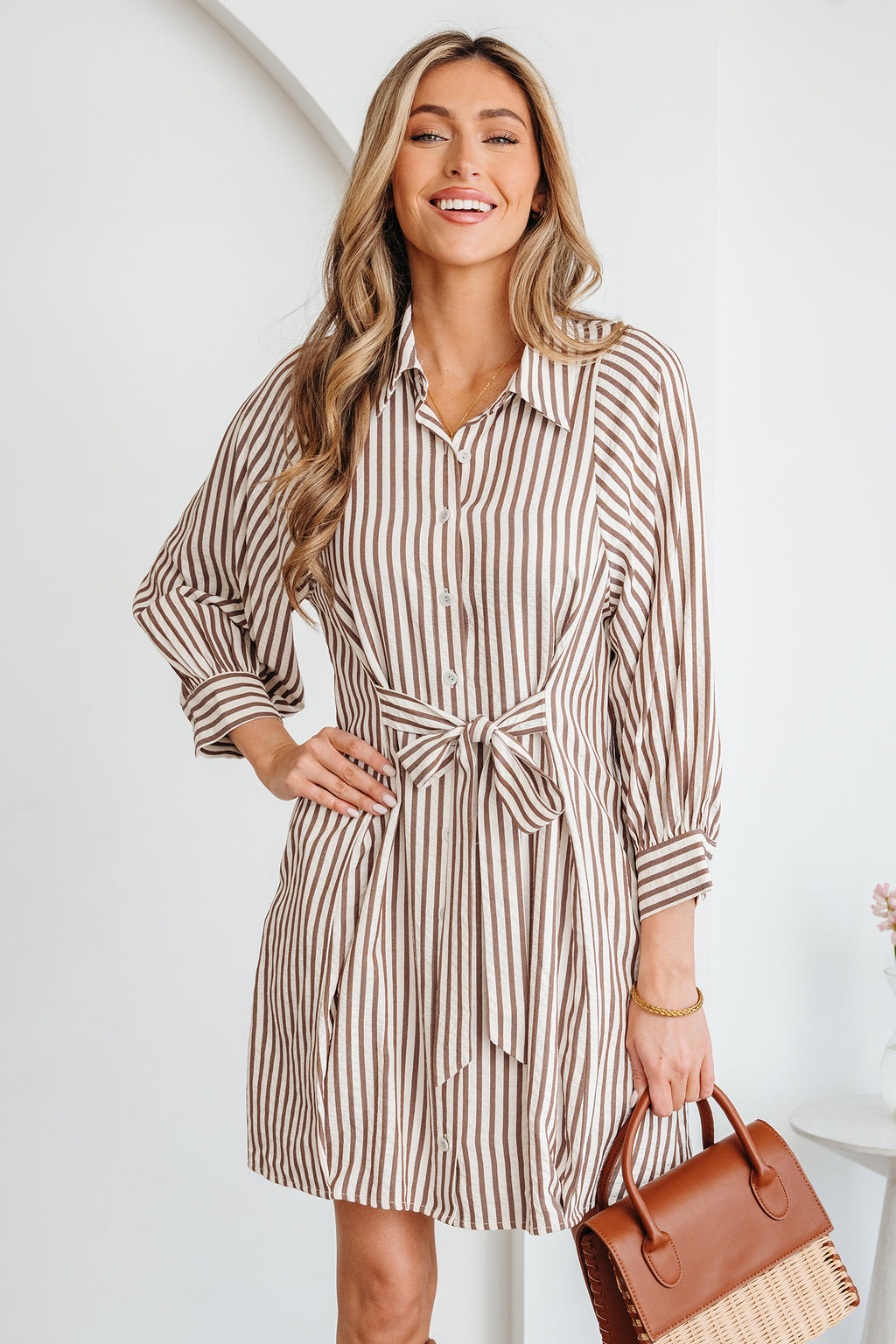 Brown Stripe Knot Waist Puff Sleeve Button Down Mini Shirt Dress S-XL