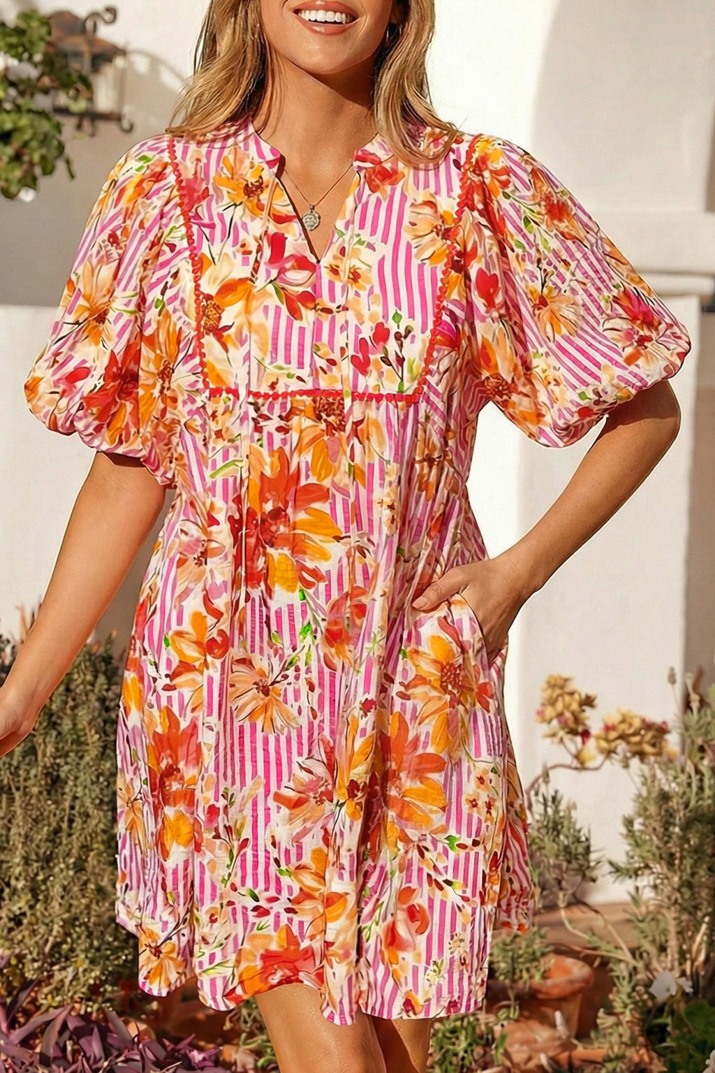Pink Striped Floral Tie Neck Puff Sleeve Loose Mini Dress S-XL