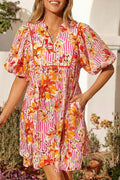 Pink Striped Floral Tie Neck Puff Sleeve Loose Mini Dress S-XL