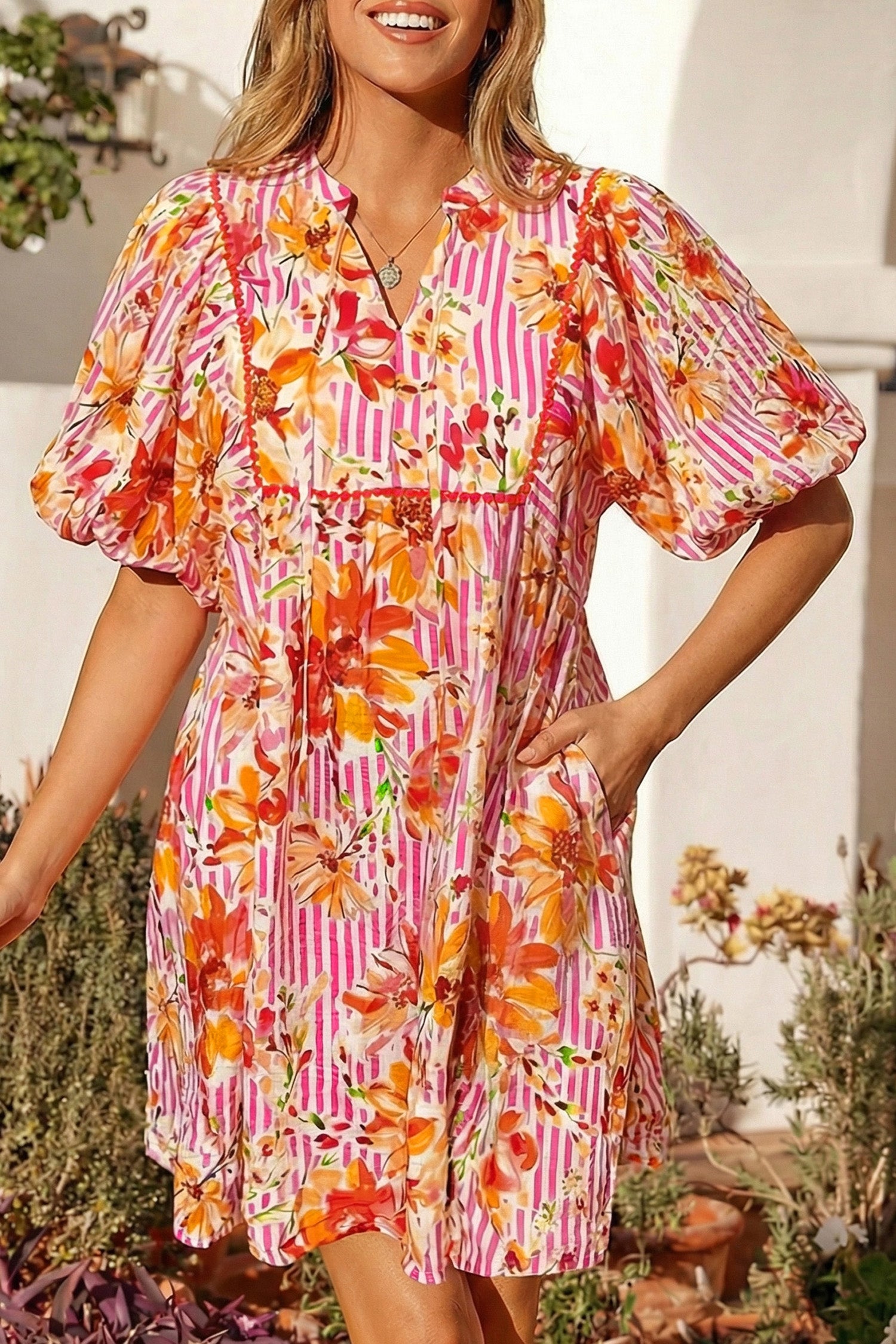 Pink Striped Floral Tie Neck Puff Sleeve Loose Mini Dress S-XL