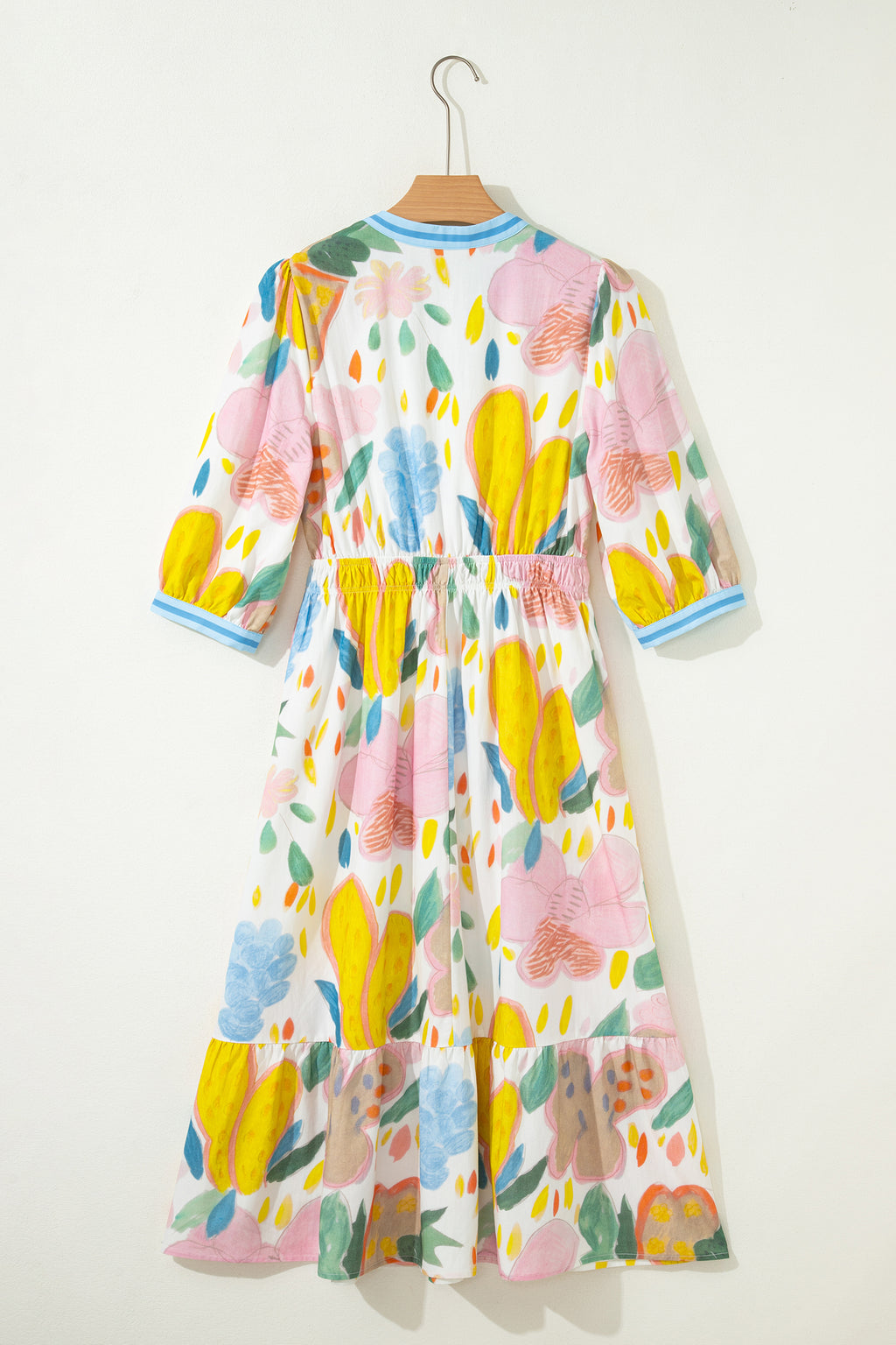 Multicolour Floral Doodle Print Striped Trim V Neck Midi Dress S-XL
