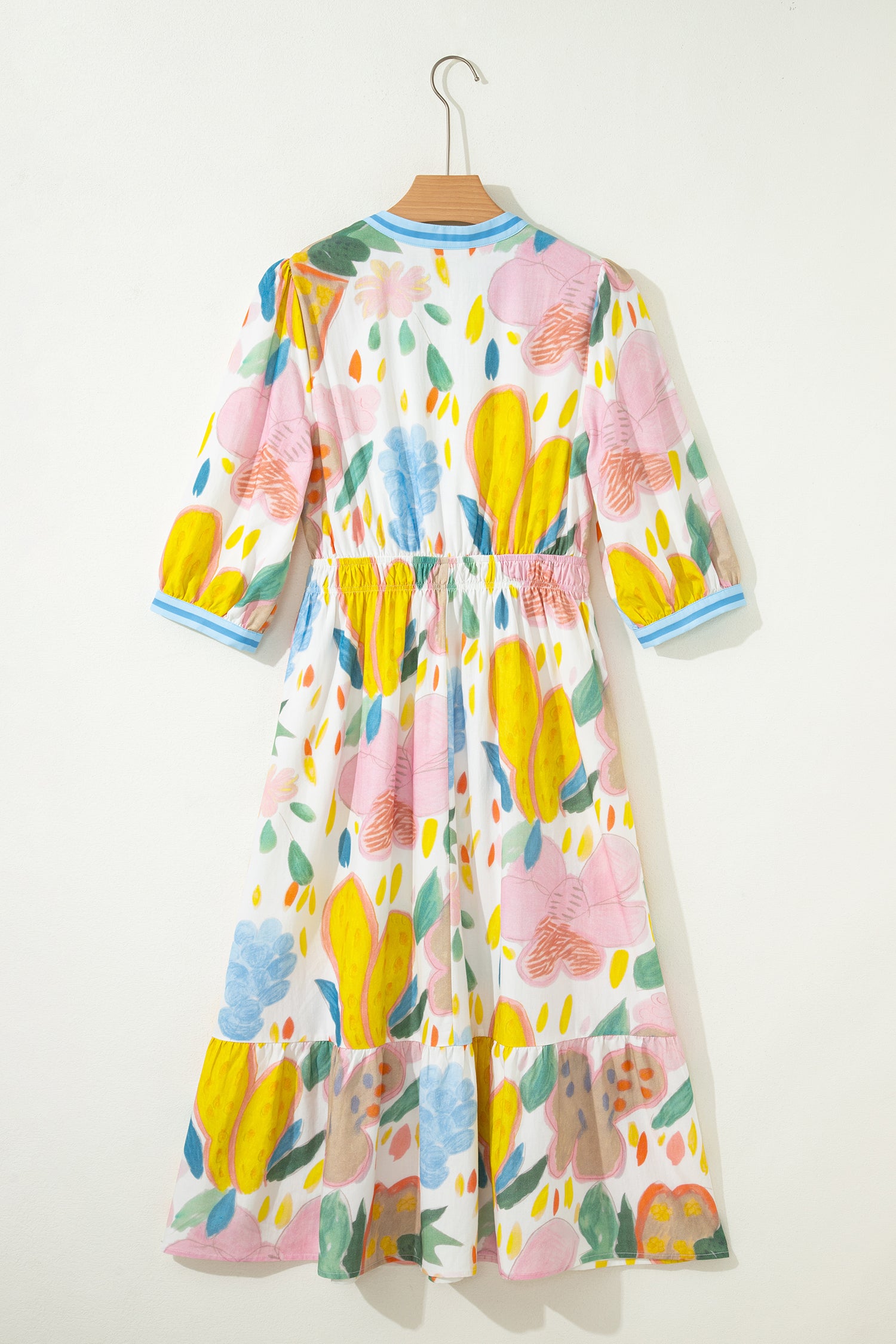 Multicolour Floral Doodle Print Striped Trim V Neck Midi Dress S-XL