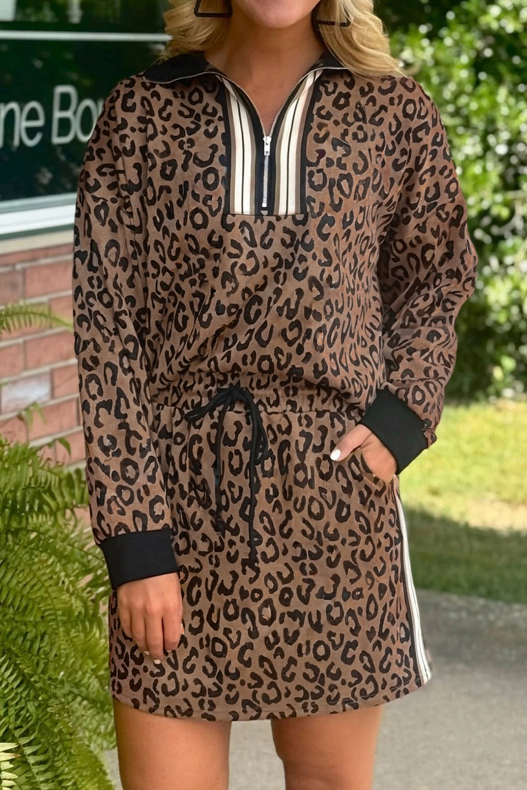 LivelyLooks Khaki Leopard Print Quarter Zip Top & Mini Skirt Set Women's S-XL women's fashion