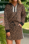 LivelyLooks Khaki Leopard Print Quarter Zip Top & Mini Skirt Set Women's S-XL women's fashion