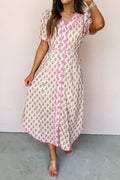 Women's Pink Floral V-Neck Scallop Trim Button Front Short Sleeve Maxi Dress at LivelyLooks