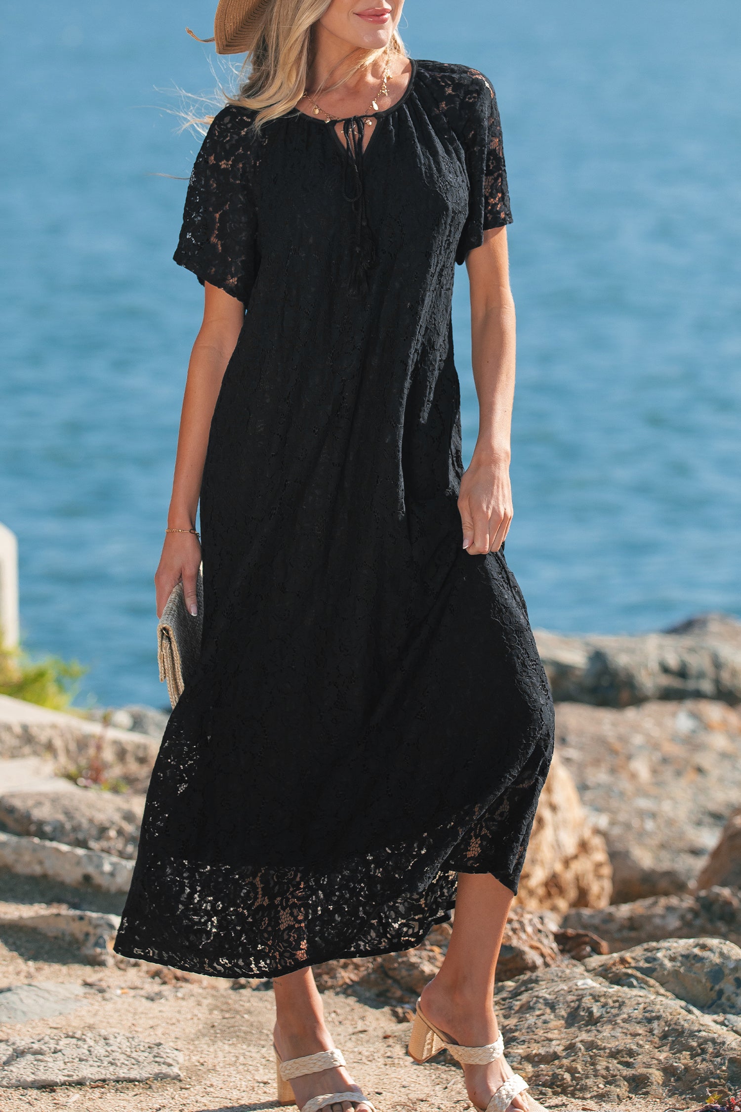 Black Floral Lace Overlay Tassel Tie Beach Vacation Maxi Dress S-XL