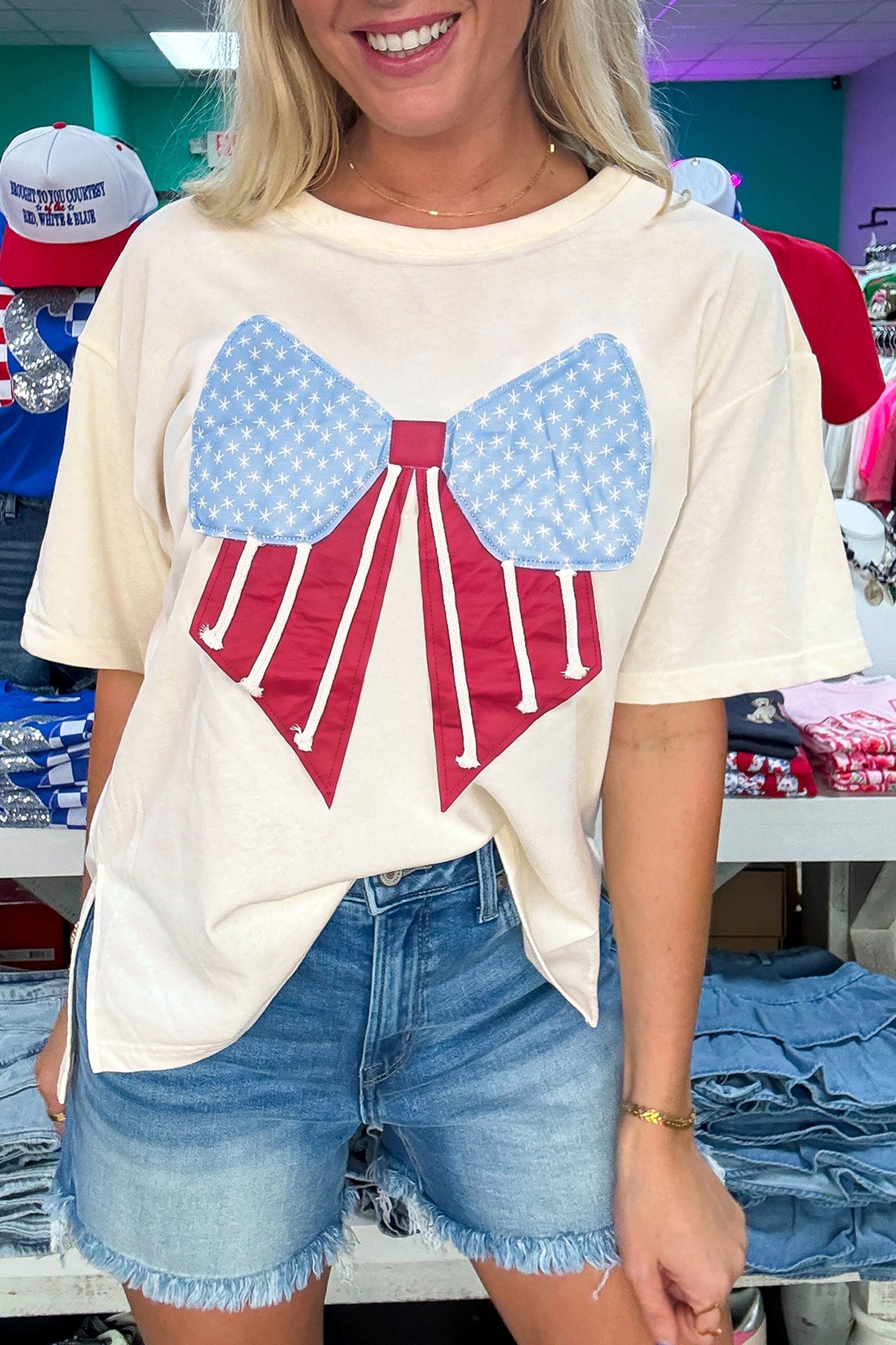 White Loose Knit Tee Vintage Flag Bow Patch Short Sleeve Women S-XL