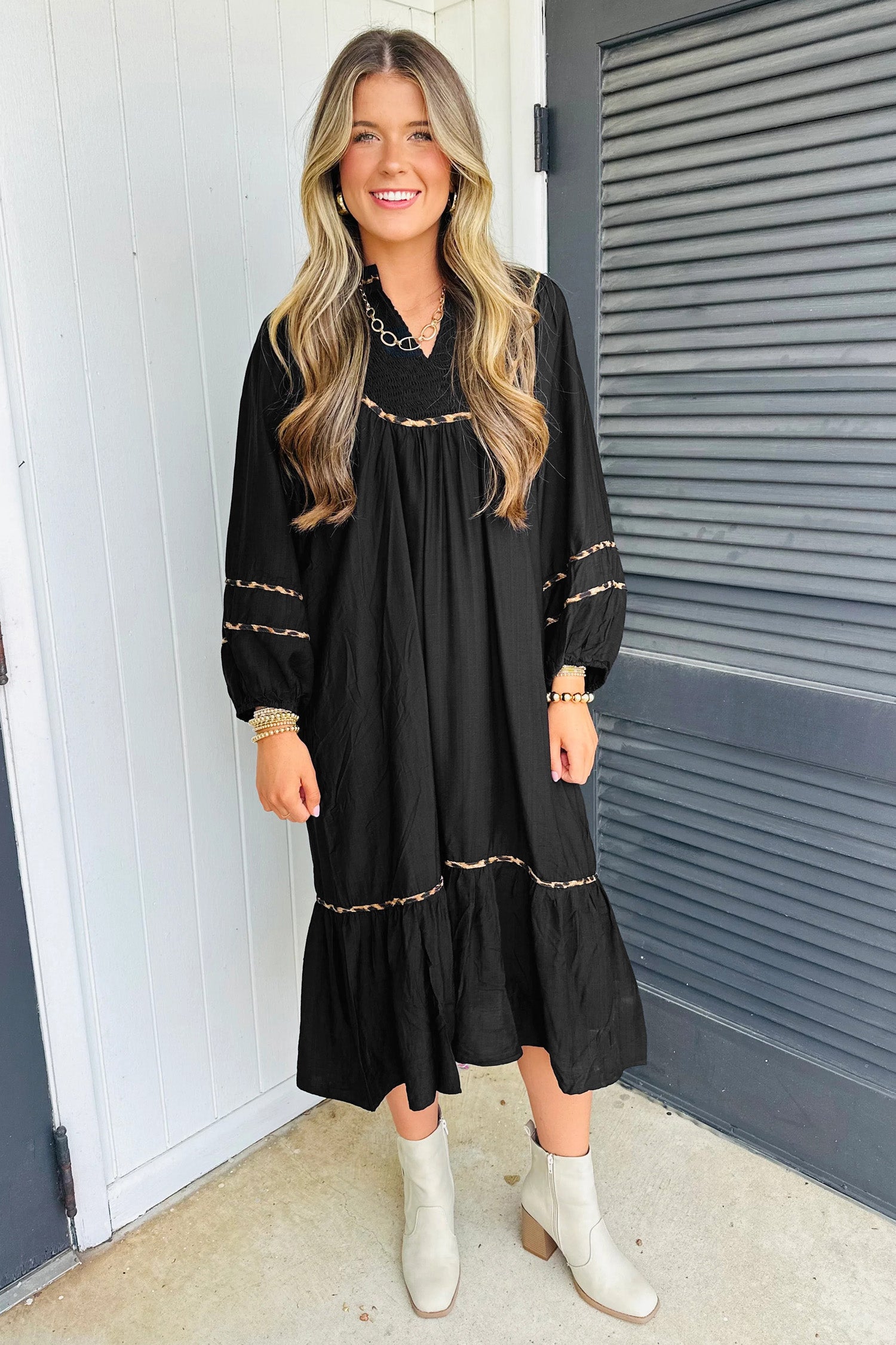 Women's Black Leopard Trim Split Neck Long Sleeve Midi Dress at LivelyLooks