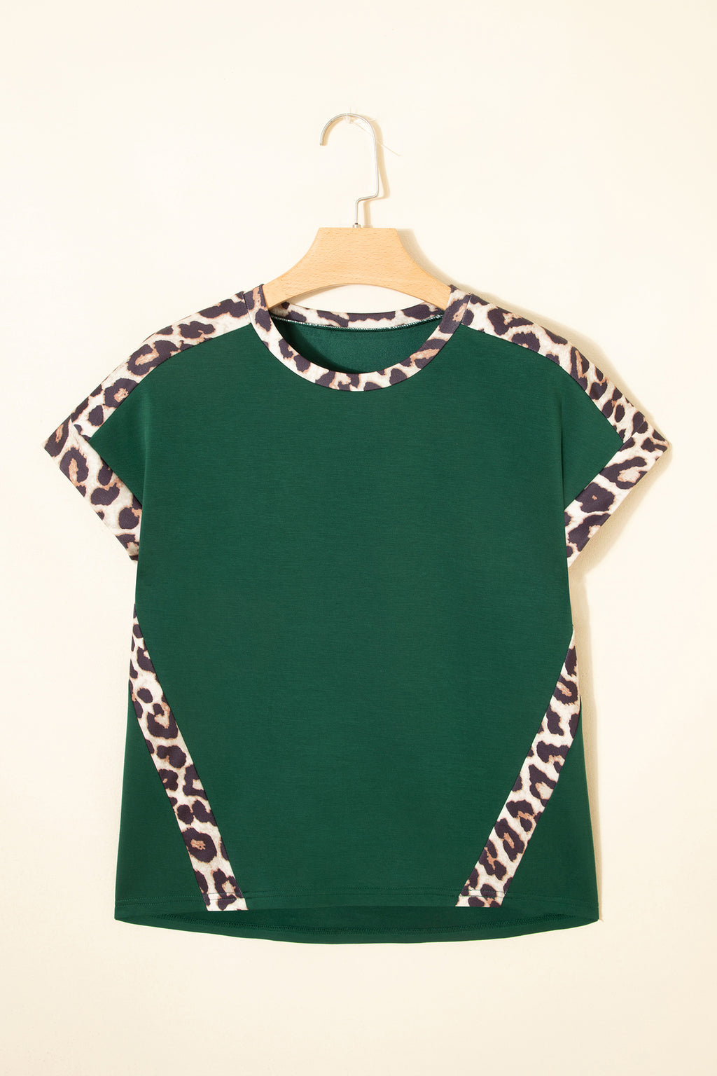 Leopard Trim Loose T-Shirt Green & Beige Relaxed Fit S-XL