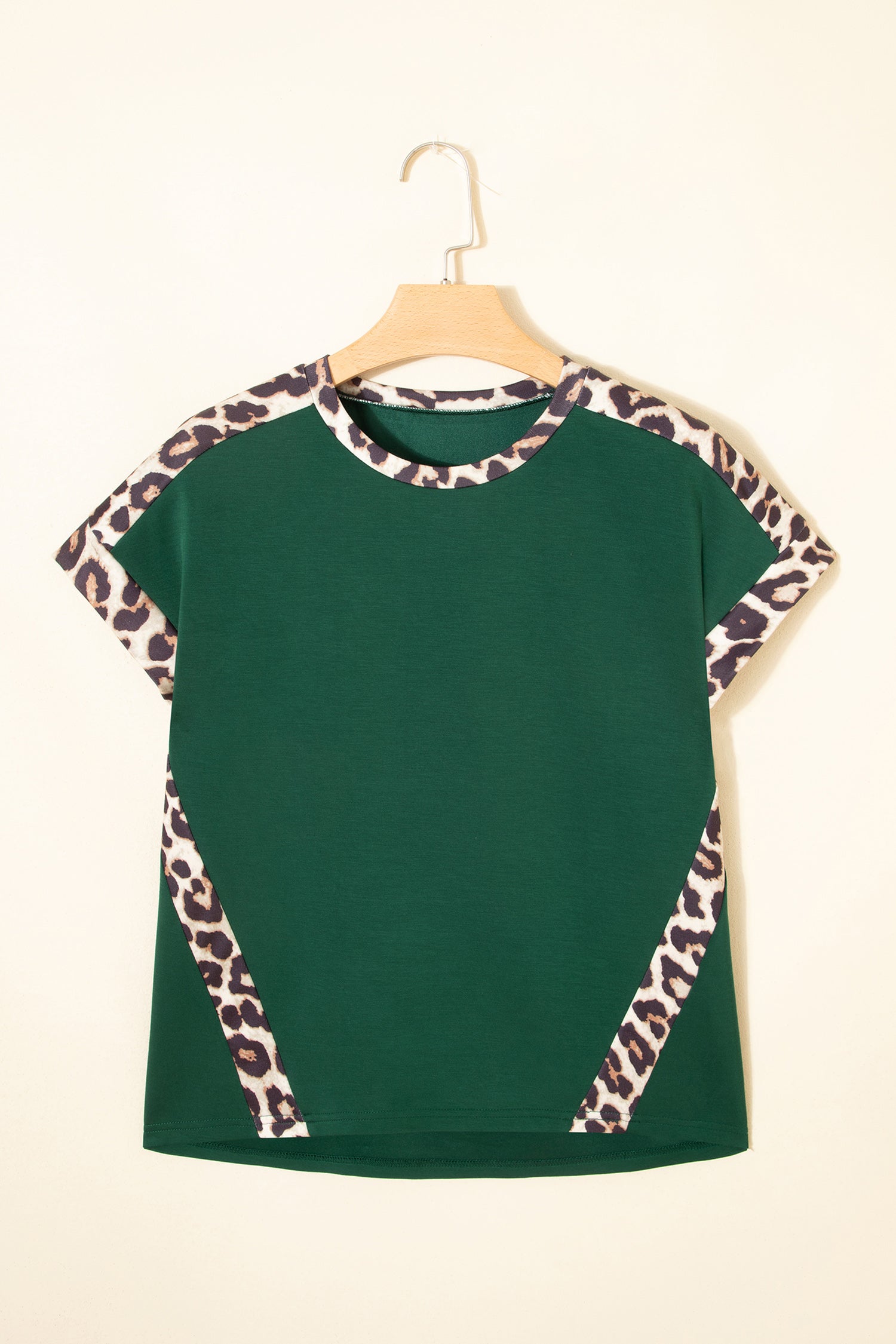 Leopard Trim Loose T-Shirt Green & Beige Relaxed Fit S-XL